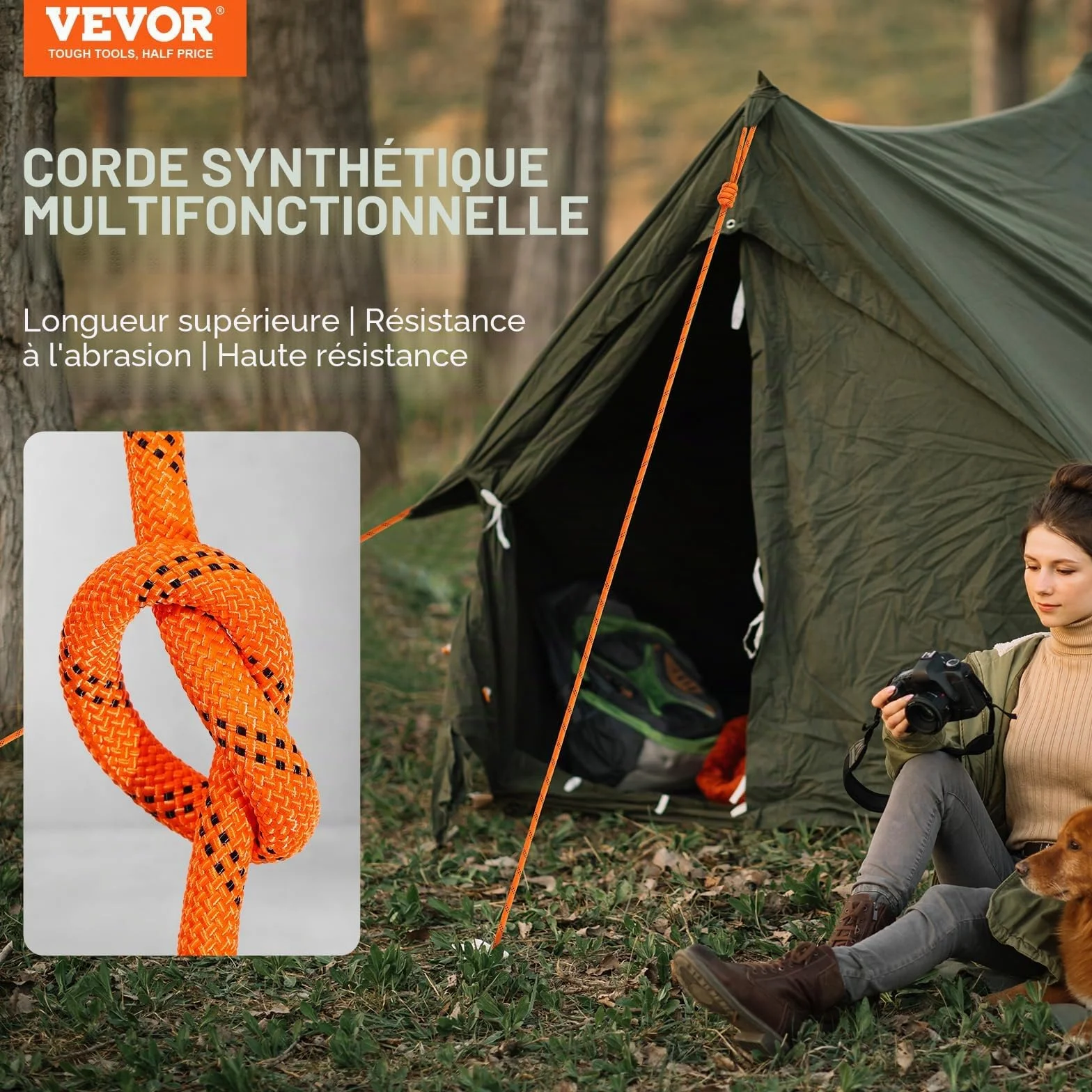 VEVOR Corde en Polyester Double tressé 9,5 mm x 36,57 m 48 brins résistance à la Rupture 17,79 KN Orange Noir
