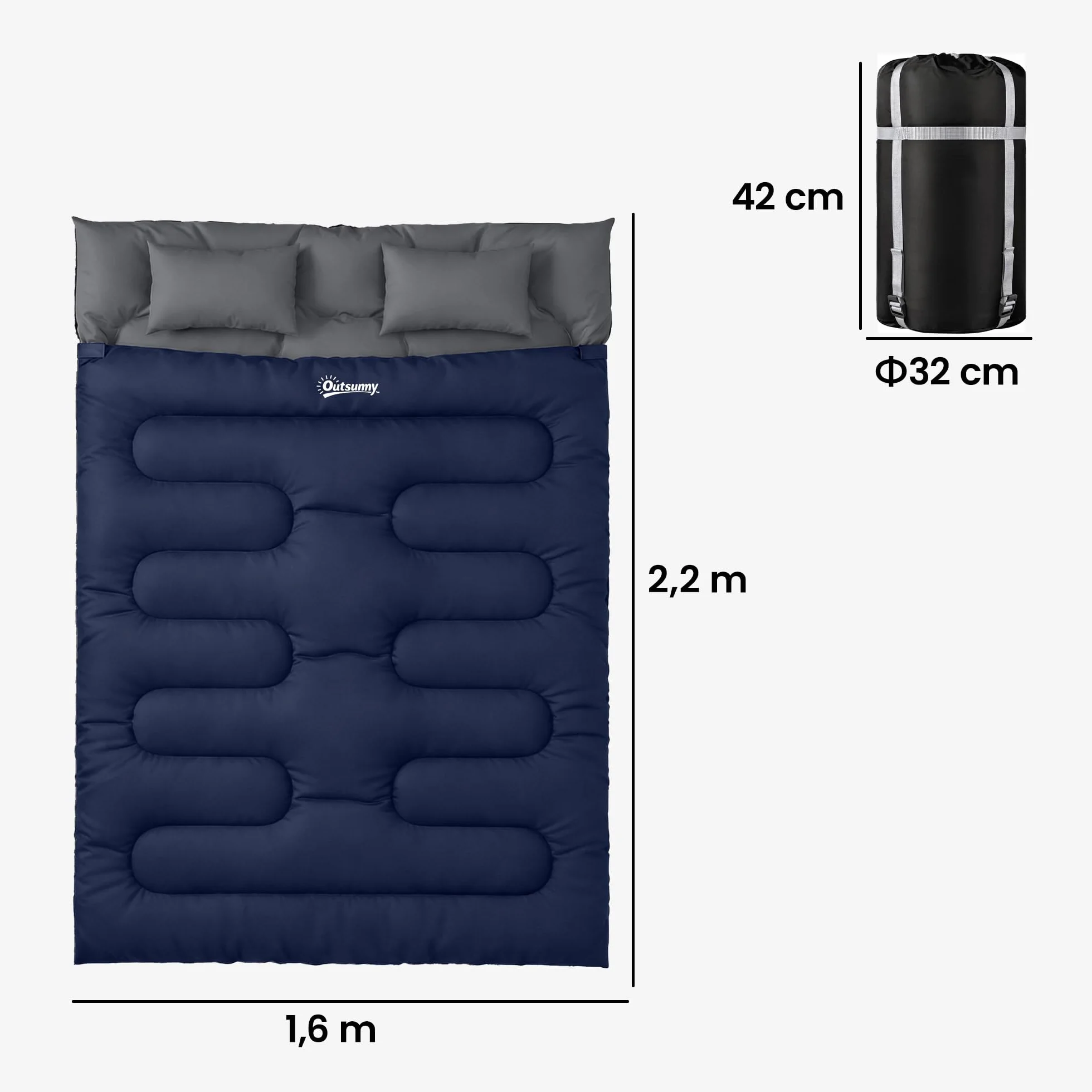 Outsunny Sac de couchage double adulte, léger, taille Queen pour 2 personnes 3 saisons, sac de couchage rectangulaire avec 2 oreillers et sac de transport, pour les jours froids, le camping, la