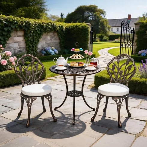 Bonnlo Ensemble Salon de Jardin 3 pièces en Aluminium avec Motif de Tulipes, Bronze