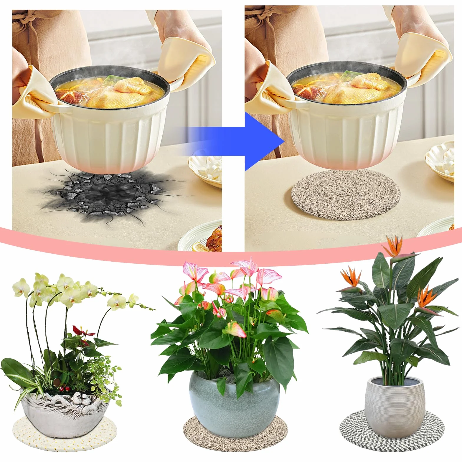 Dessous De Plat en Fil De Coton 20 cm Tressés Résistants à La Chaleur Lot De 6