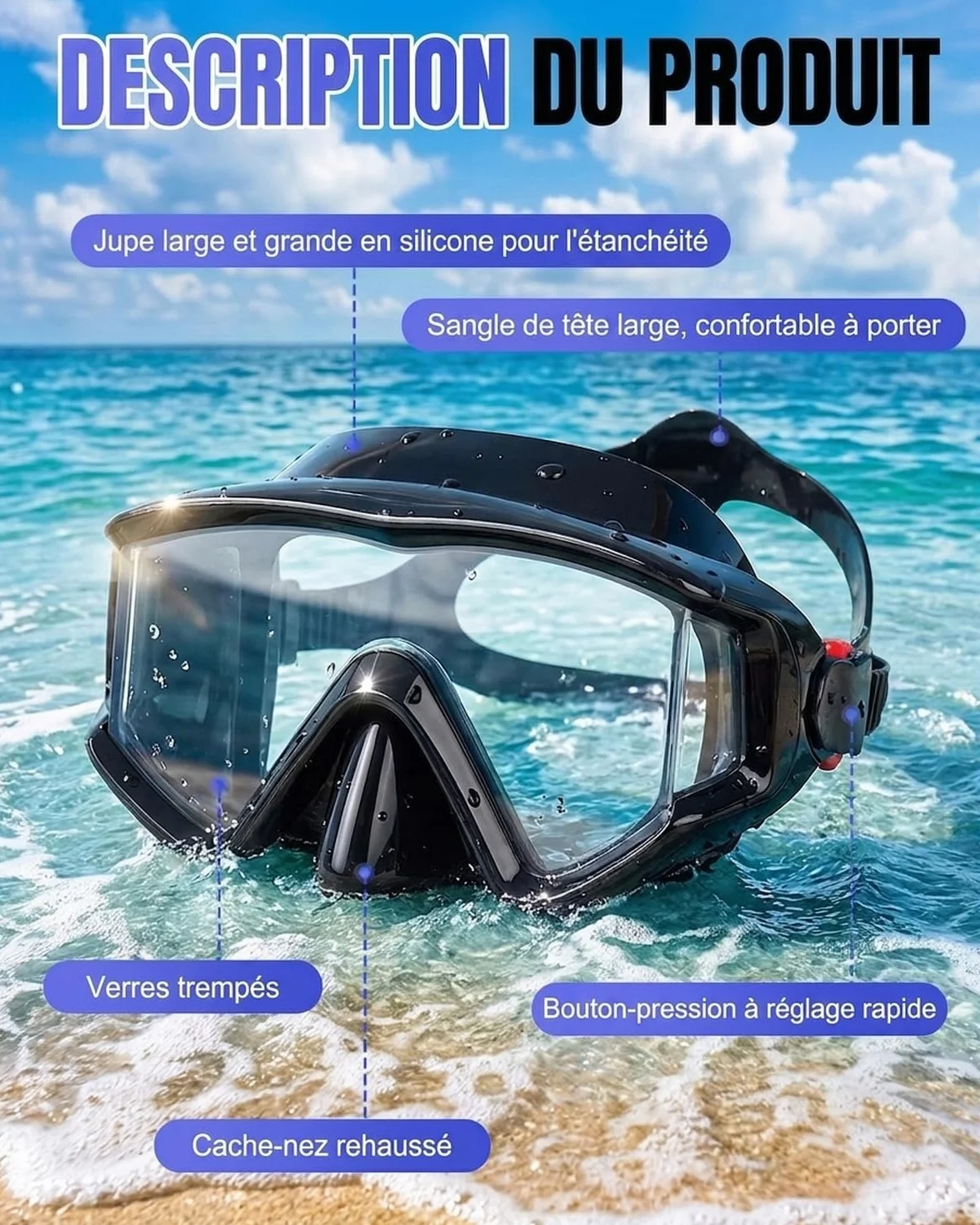 Masque de Plongée avec Vision Panoramique 180°,Masque Tuba Adulte Anti-Buée et Anti-Fuite avec Verre Trempé HD, Lunette Tuba Snorkeling RéGlable pour Natation, Plongée et Apnée