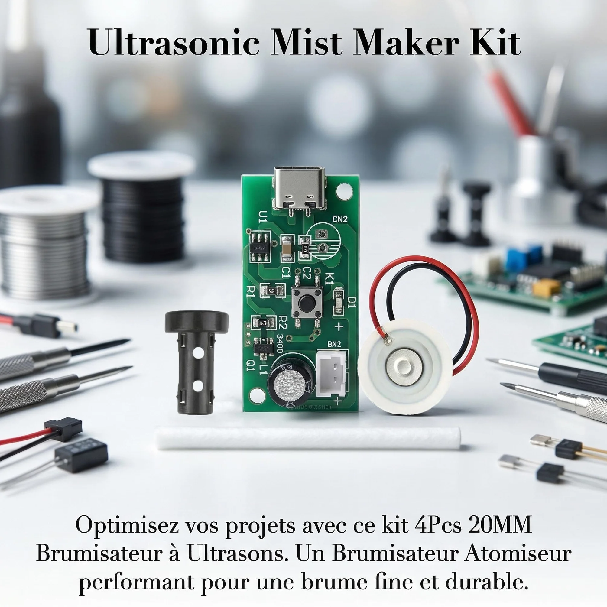 Plaque d'Atomisation 20mm 108KHz 5V USB Module de Brume Ultrasons Lot de 4 Pièces avec Joint en Silicone