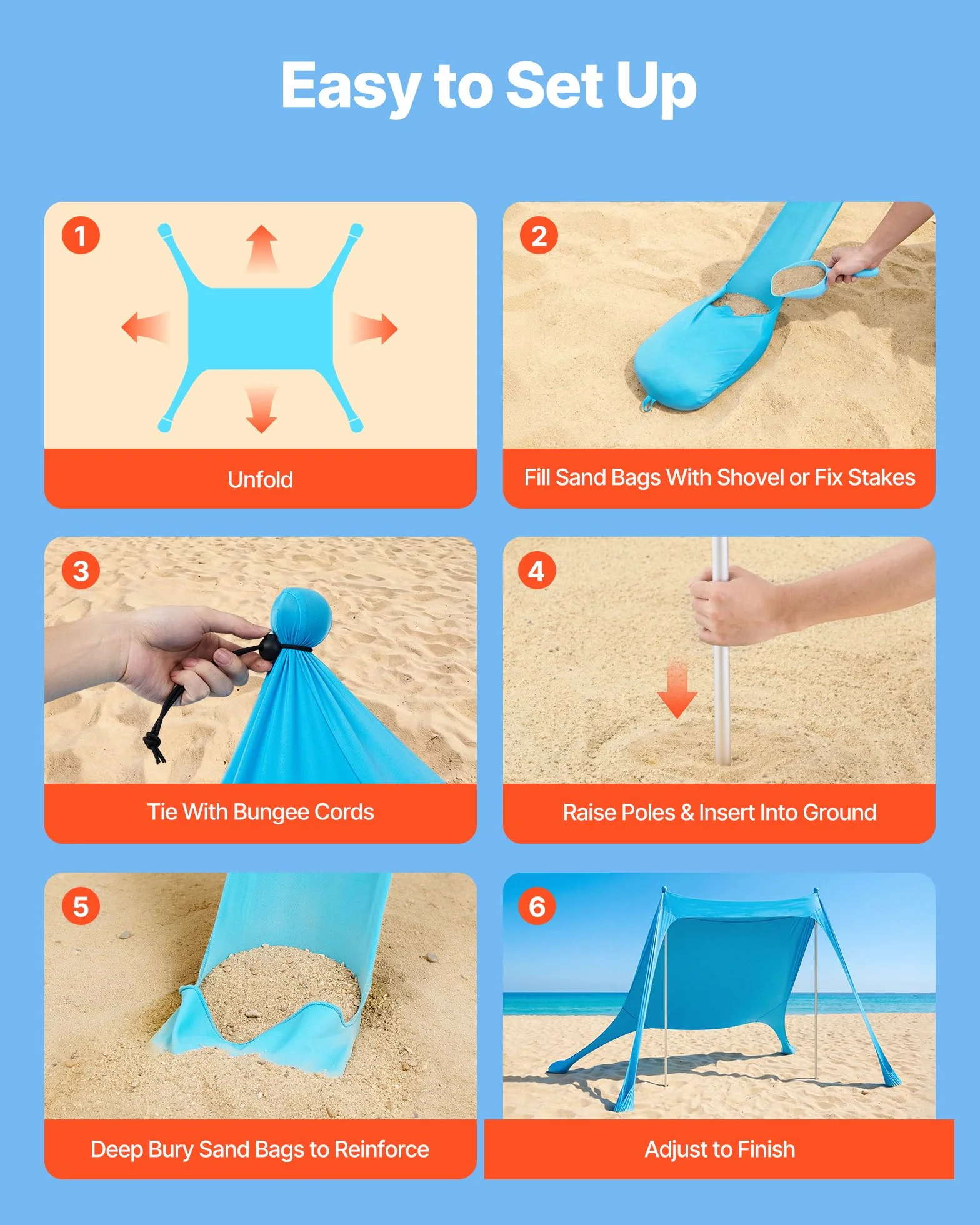 VEVOR Tente de Plage de 2,3x2,3x2 m, Abri Soleil UPF50+, Pare-Soleil Extérieur pour Plage Parc Camping et Pêche, Auvent Protection UV avec Sacs de Sable, Poteaux de Soutien et Pelles à Sable, Bleu