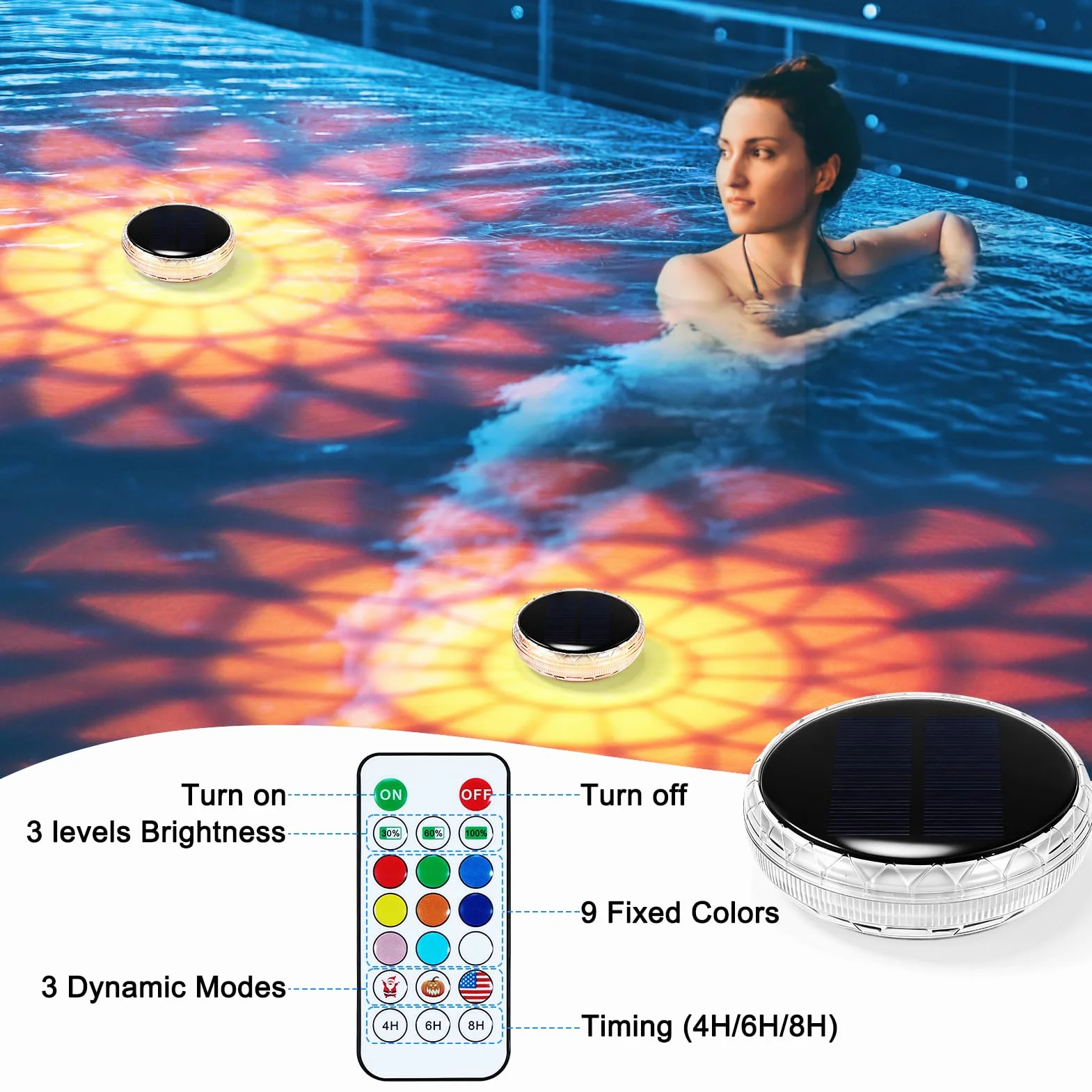 Lumière Piscine Flottante Solaire 2 Pièce Lampe Solaire Flottante avec Télécommande 9 Couleurs RGB 3 Modes Minuterie