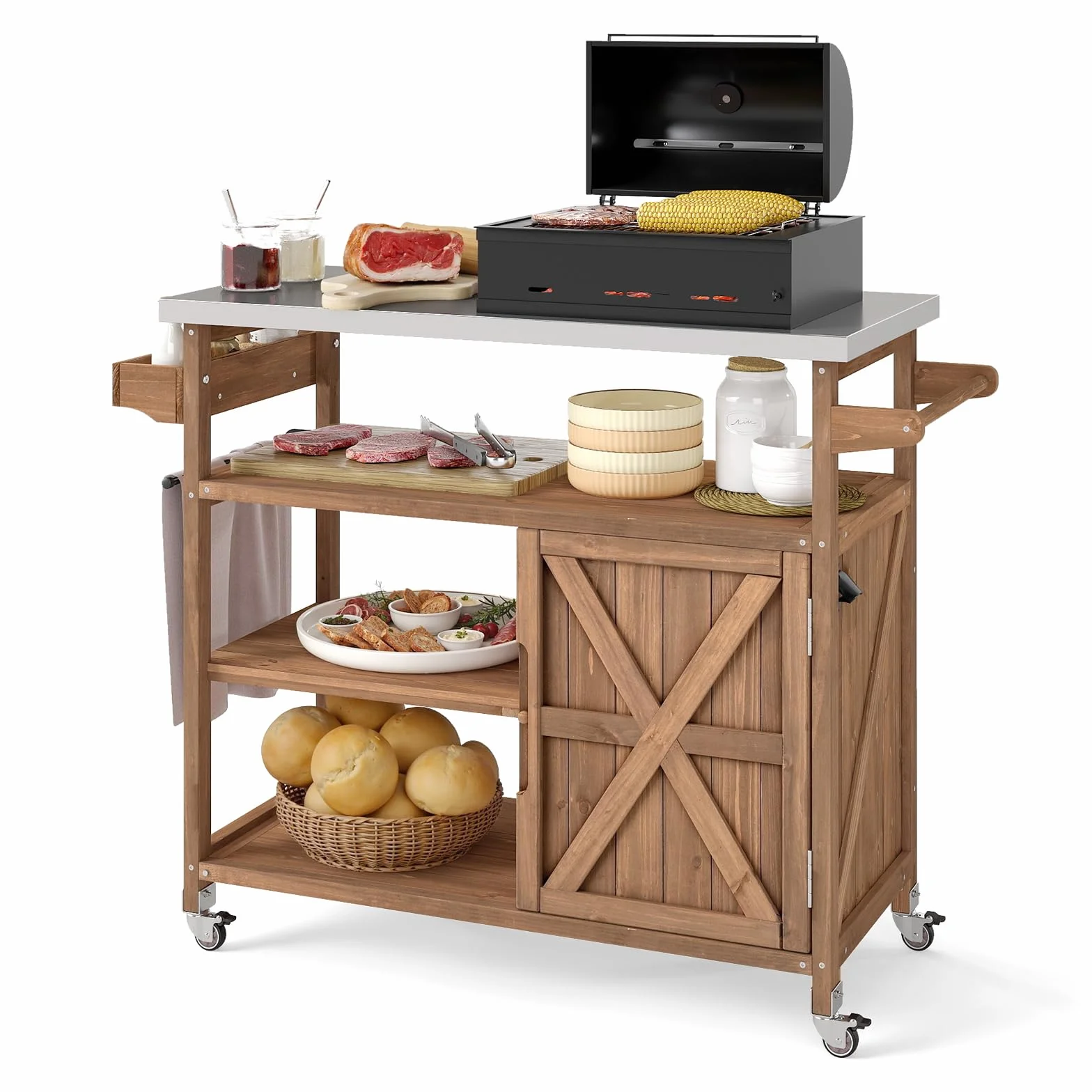 GOPLUS Desserte Jardin Barbecue en Bois, Plan de Travail Acier Inoxydable, 3 Étagères, 4 Roulettes, 47x118x92 cm