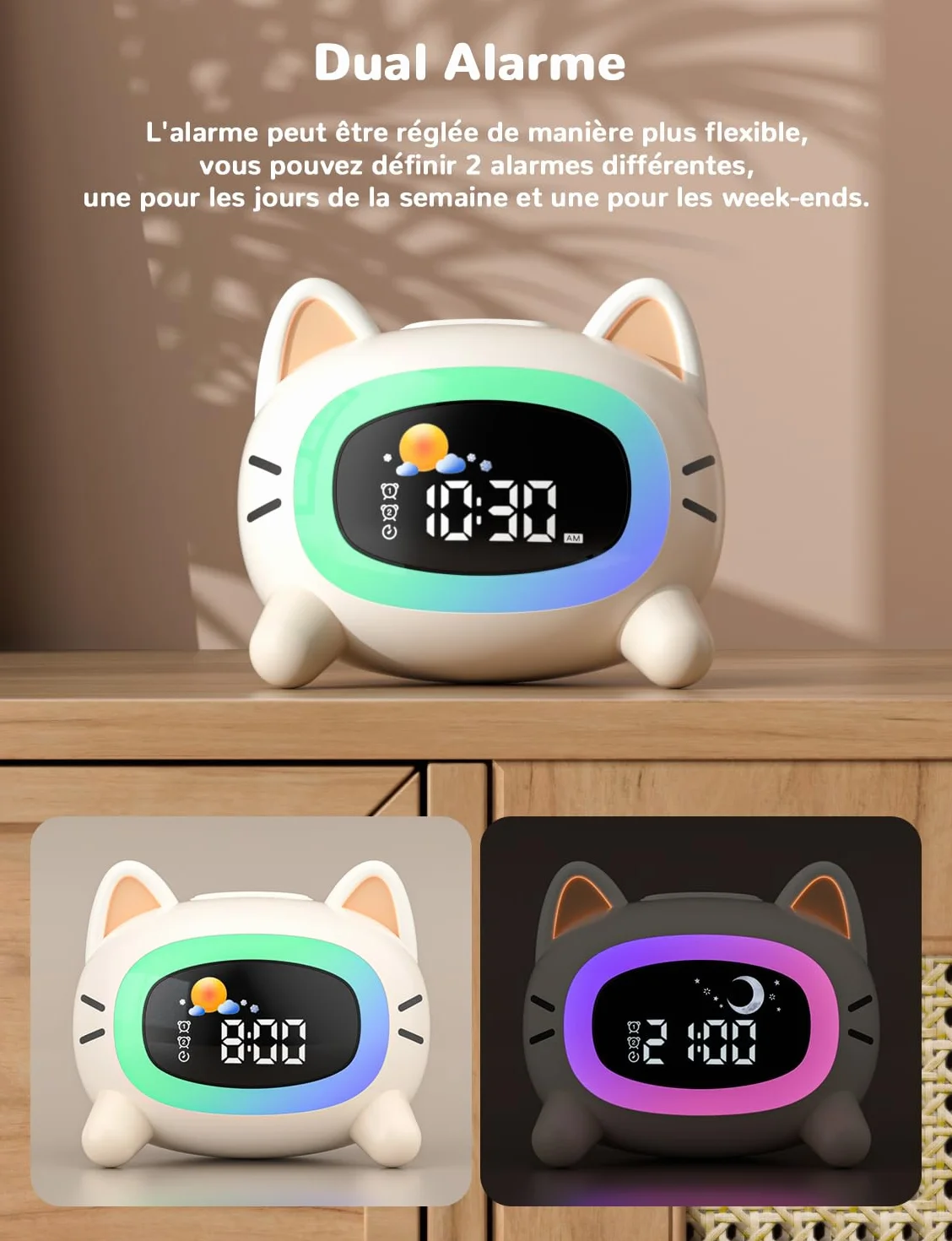 LIORQUE Réveil Enfant Éducatif Jour/Nuit avec Veilleuse, Machine Sonore, Deux Alarmes, Mode Week-End, Rechargeable Chat