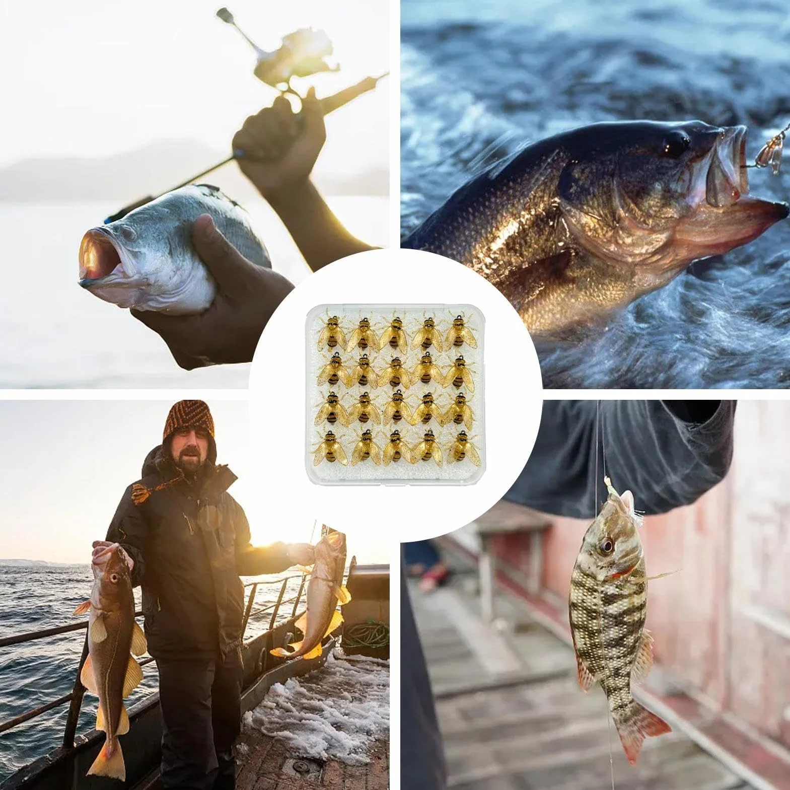 Appât de Pêche à la Mouche pour Truite - 20X Leurres Simulés en Forme d'abeille avec Étui,Équipement pour Eau Douce, Eau Salée, Lac, Rivière, Étang et Mer Profonde