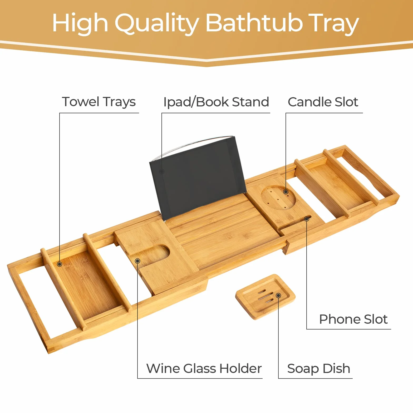 Todeco Pont de Baignoire Extensible Bambou, Plateau Planche avec Porte-Livre, Porte-Verre, Porte-Bougie et Support pour Téléphone, Noir