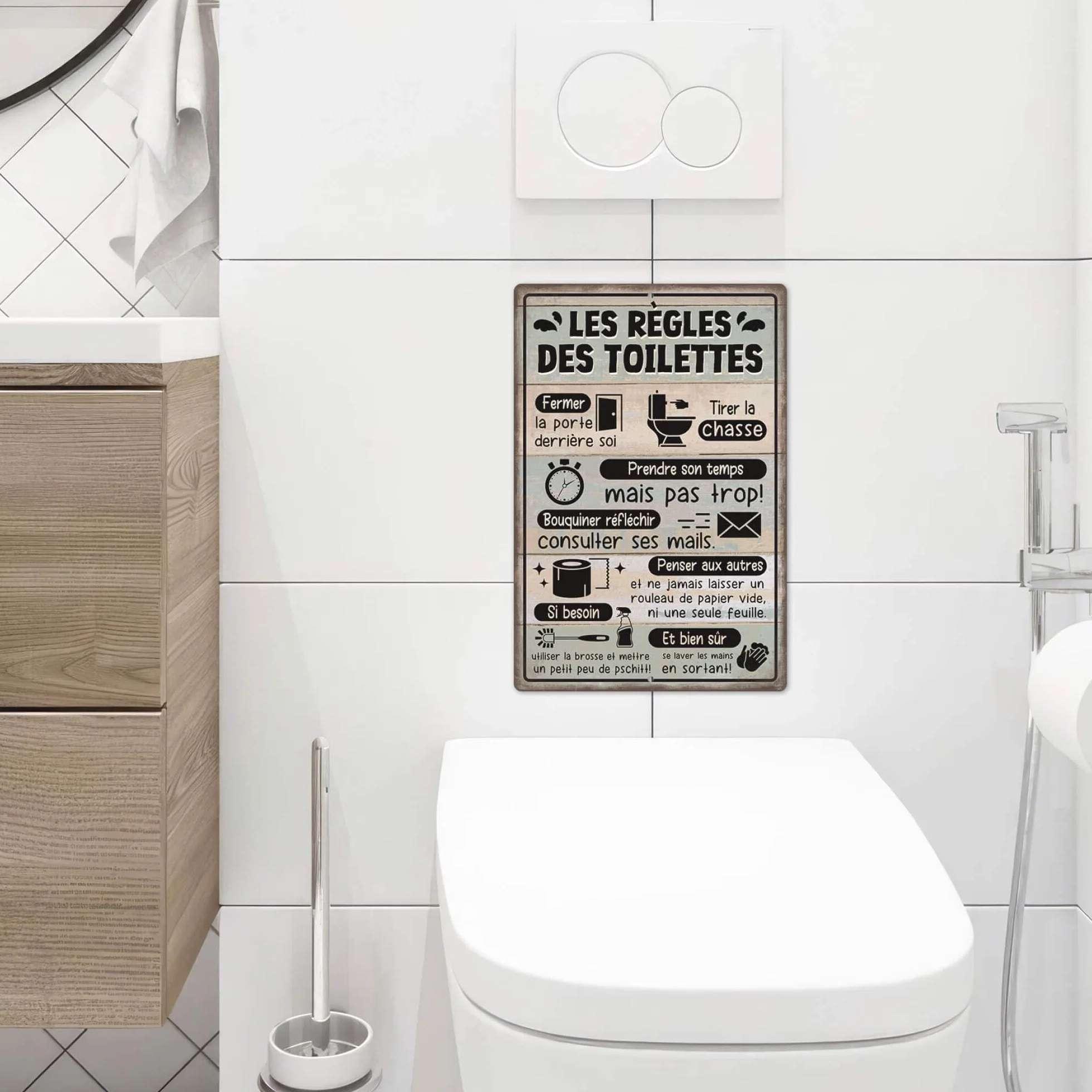 Plaque Métallique "Les Règles des Toilettes" avec Design Humoristique - Décoration Murale WC Salle de Bain 20x30 cm