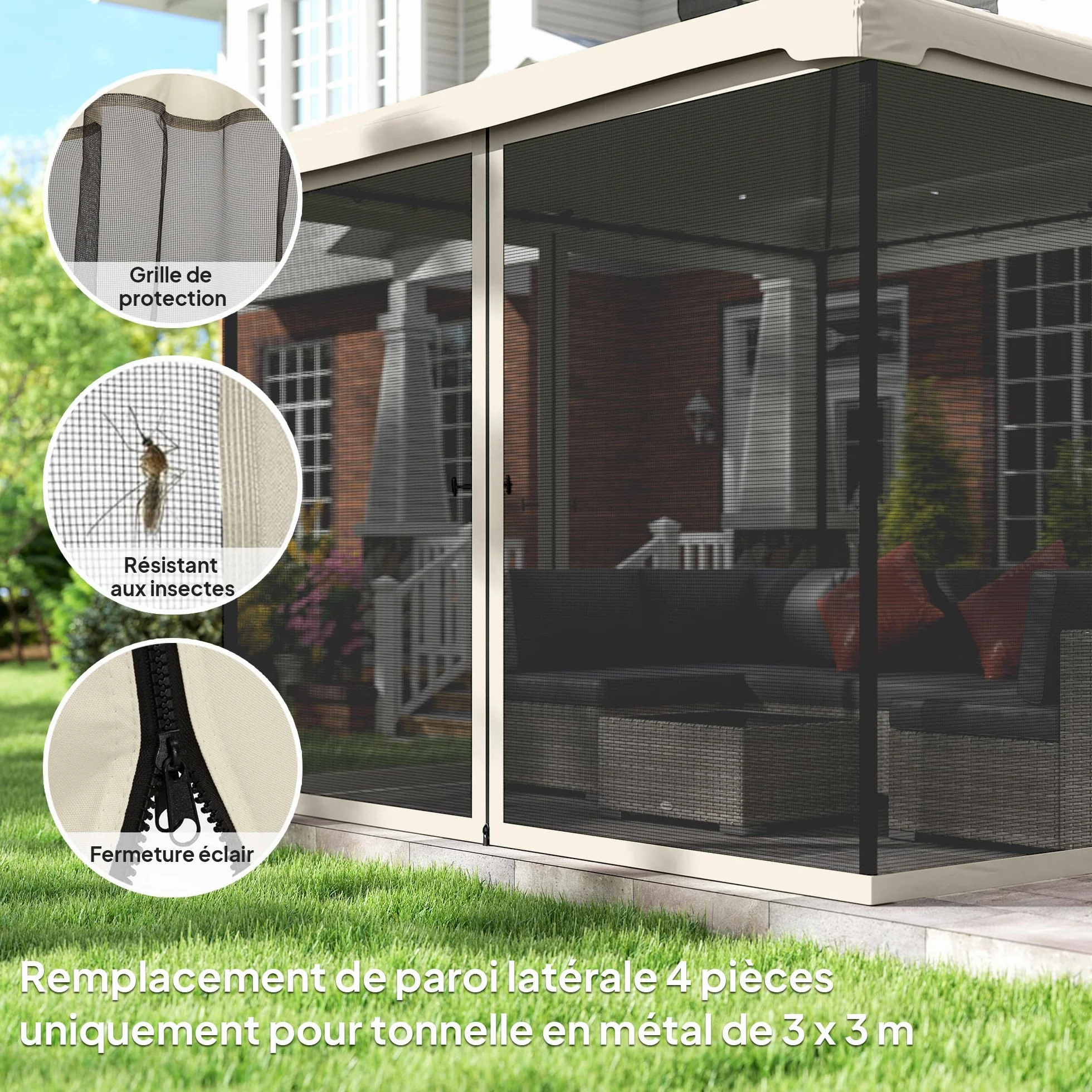 Outsunny Moustiquaires pour tonnelle Barnum pavillon de Jardin 3 x 3 m - Lot de 4 moustiquaires zippées + Crochets d'attaches - Polyester Nylon - Noir et crème