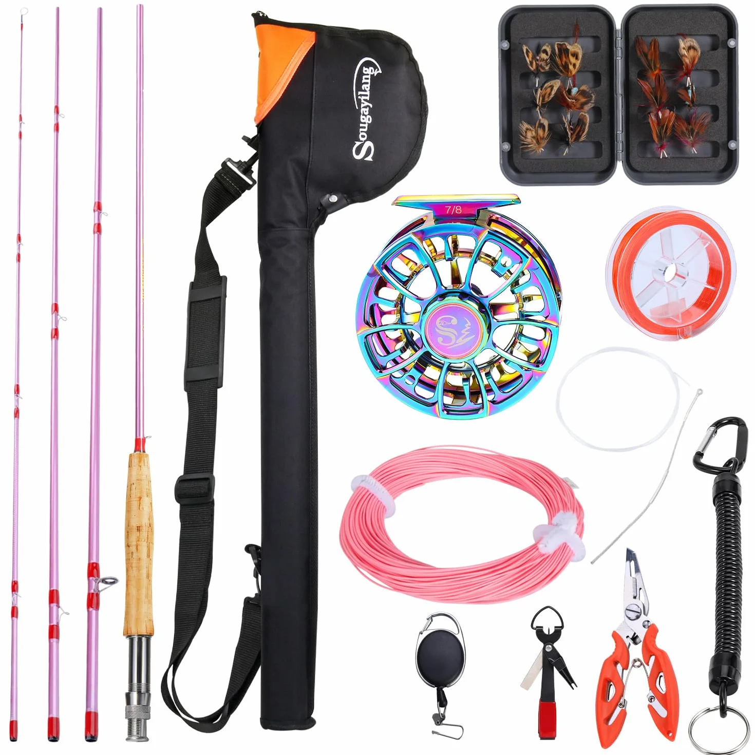Sougayilang Ensemble canne à pêche à la mouche et moulinet, 4 pièces ultra poids portable et moulinet en aluminium usiné CNC avec sac de canne à pêche