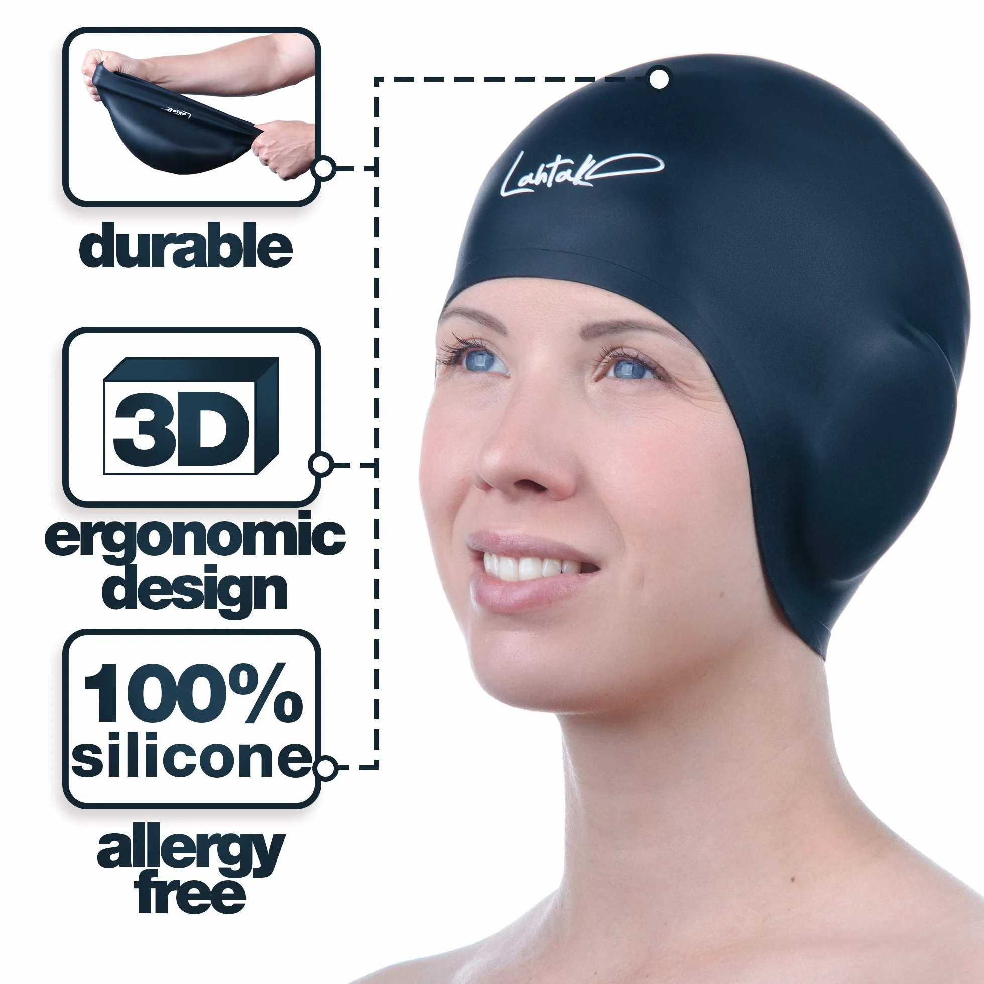 Lahtak Bonnet de Bain Protection Oreille 3D - Bonnet de Bain Femme Homme Enfant - Bonnet Piscine - Bonnet Natation - Bonnet Etanche Silicone Impermeable