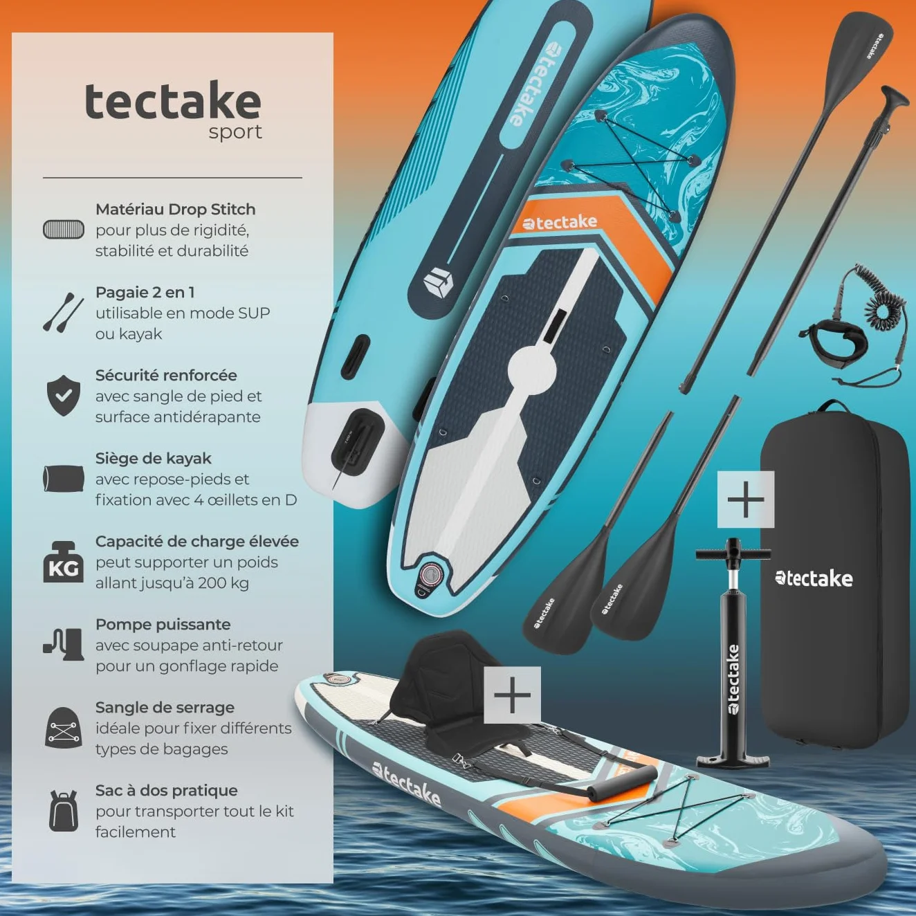 tectake® Planche de Stand-up Paddle Gonflable Adulte 2-en-1, Utilisable comme Kayak, Siege Paddle détachable, Pompe, 3 Ailerons, sac à dos, Pagaie double, Pagaie simple, Accessoires, Charge Max. 200kg