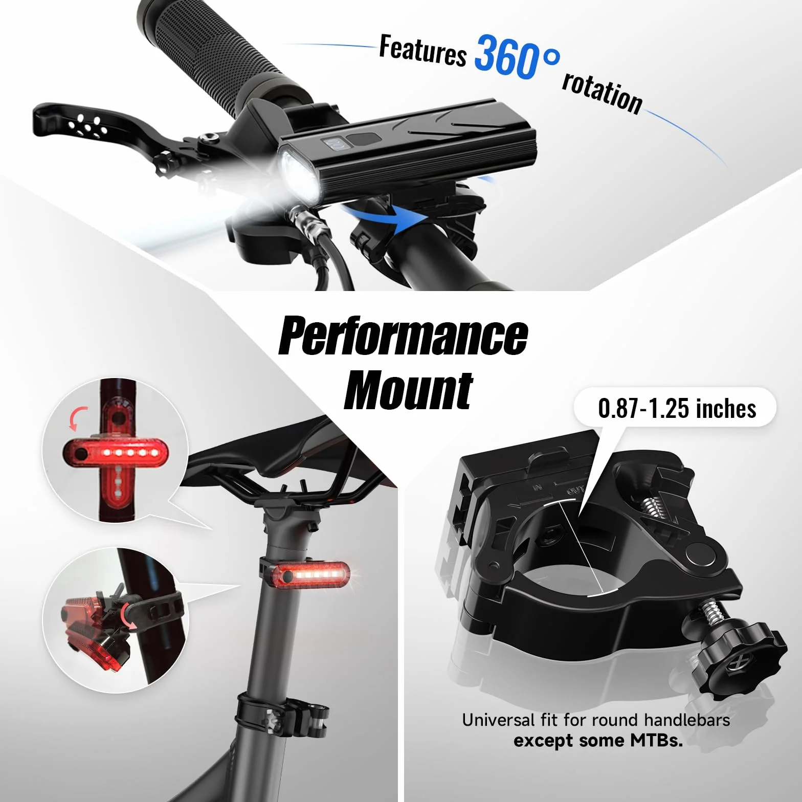 Rechargeable Lampe Velo, 8 Heures Temps d'Endurance IPX5 Phare Velo avec Ecran d'Affichage De La Batterie, Etanche, 4+2 Modes d’Eclairage pour Le VTT, La Ville Et Les Sorties Nocturnes