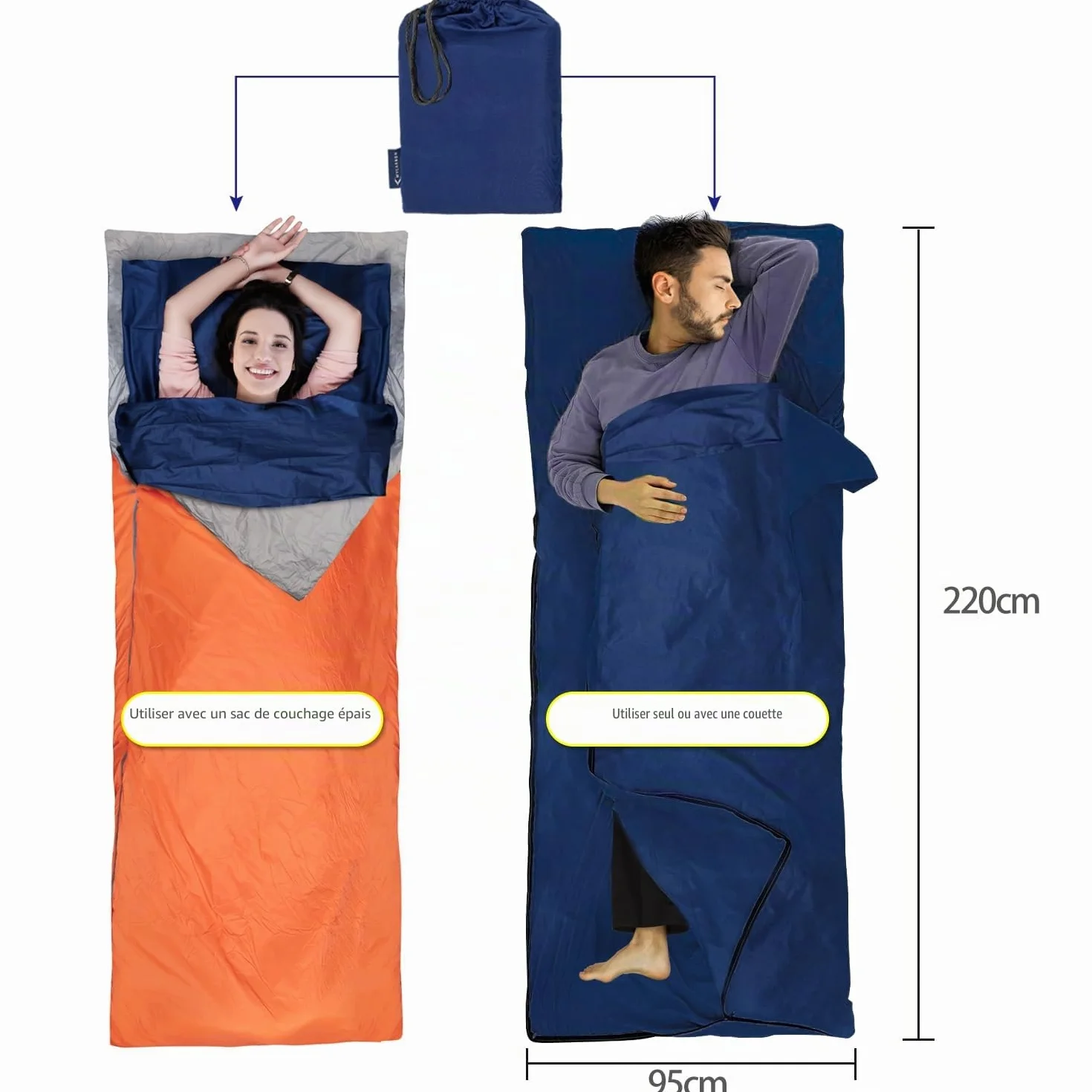 MYCARBON Drap de Sac de Couchage 100% Coton 95x220cm Sac à Viande de Couchage Ultra Léger et Doux avec Fermeture Éclair, Antibactérien, Draps de Voyage 190x220cm pour Camping, Randonnée, Hôtel