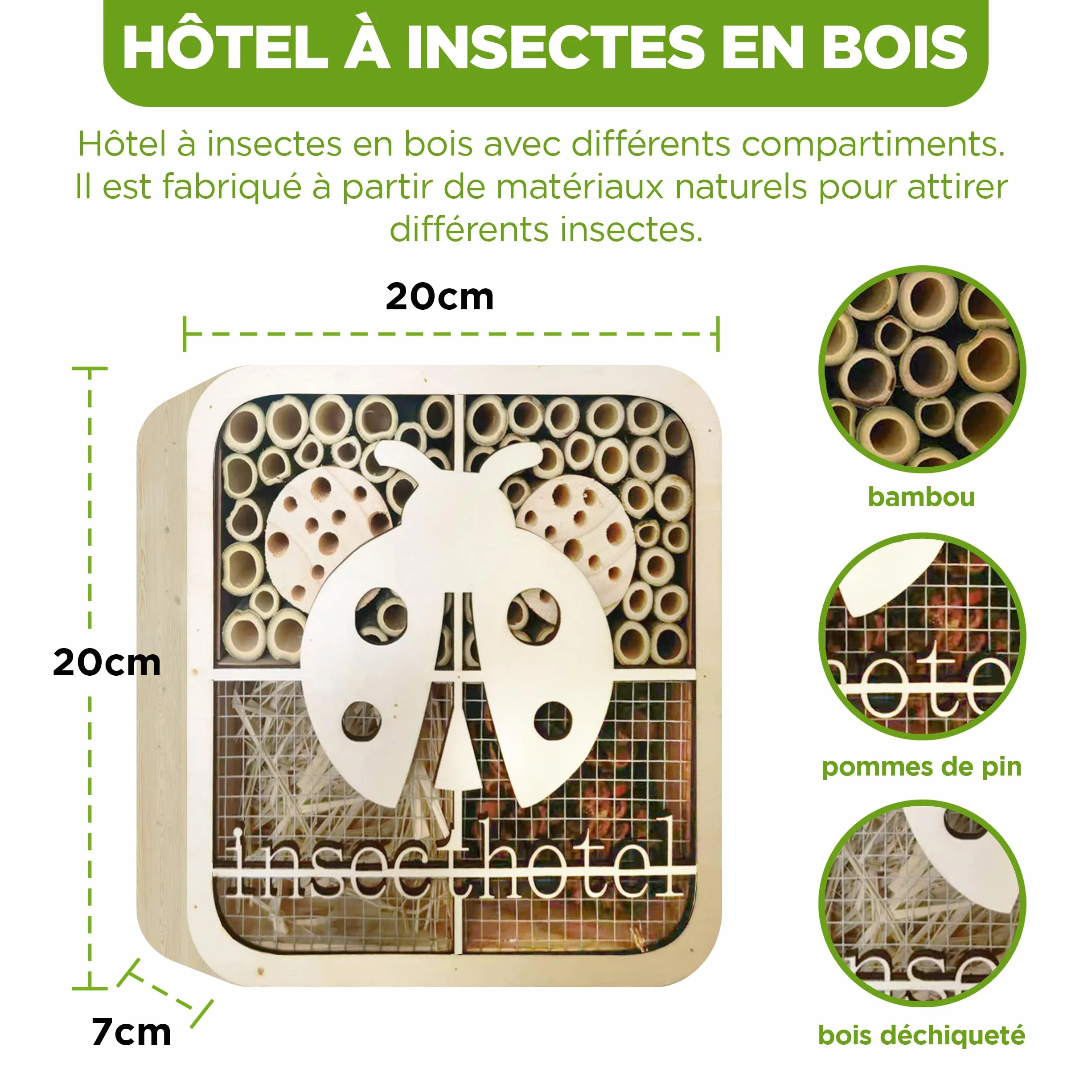 ISOTRONIC Hôtel à Insectes en Bois Naturel – Maison pour Abeilles et Coccinelles avec Abri en Bambou pour Jardin et Balcon