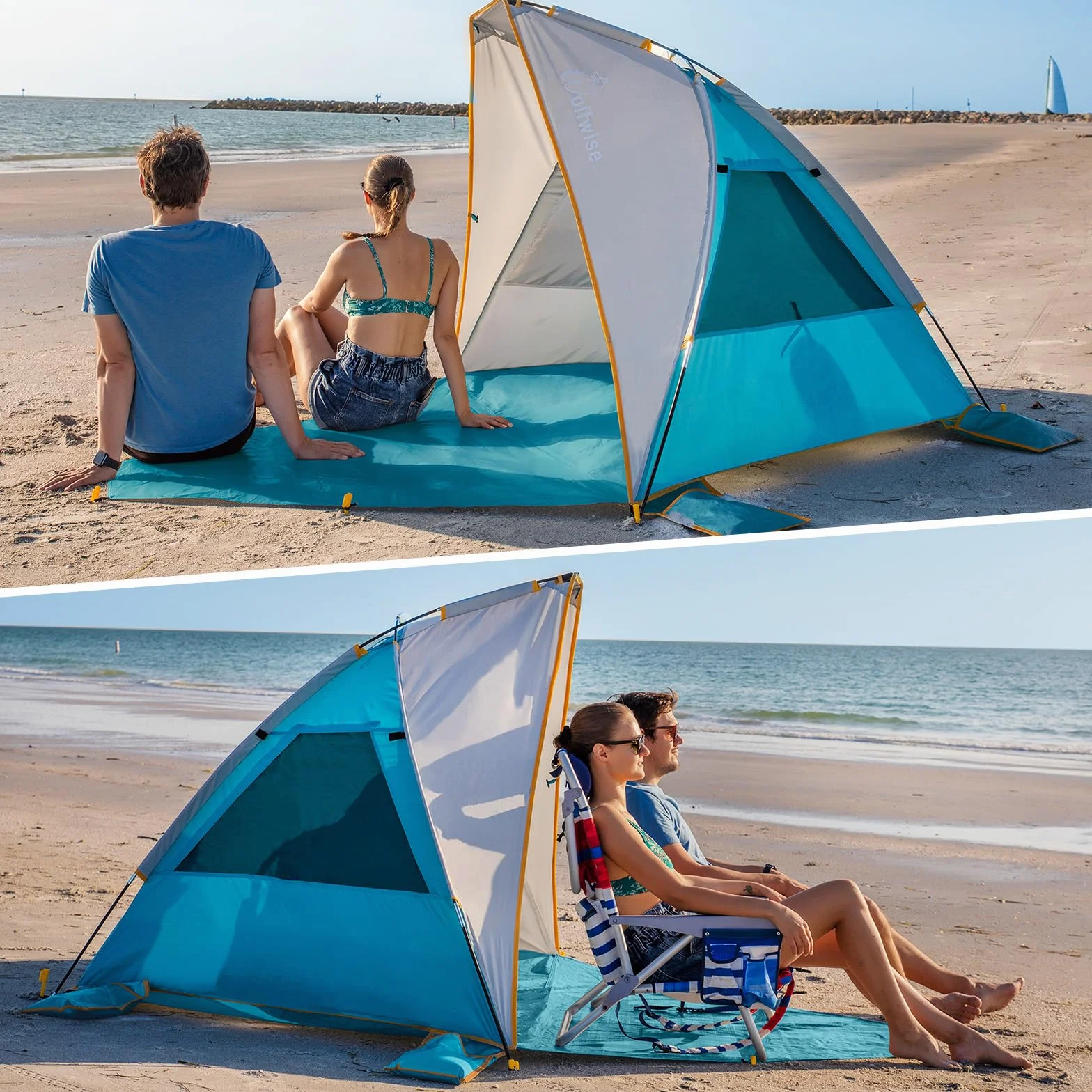 Wolfwise Tente de Plage Portable 3 Personnes avec Patin d'extension, Protection Solaire UV 50+ , 210 x115x125 CM ( 83 x45x49 IN), Bleu