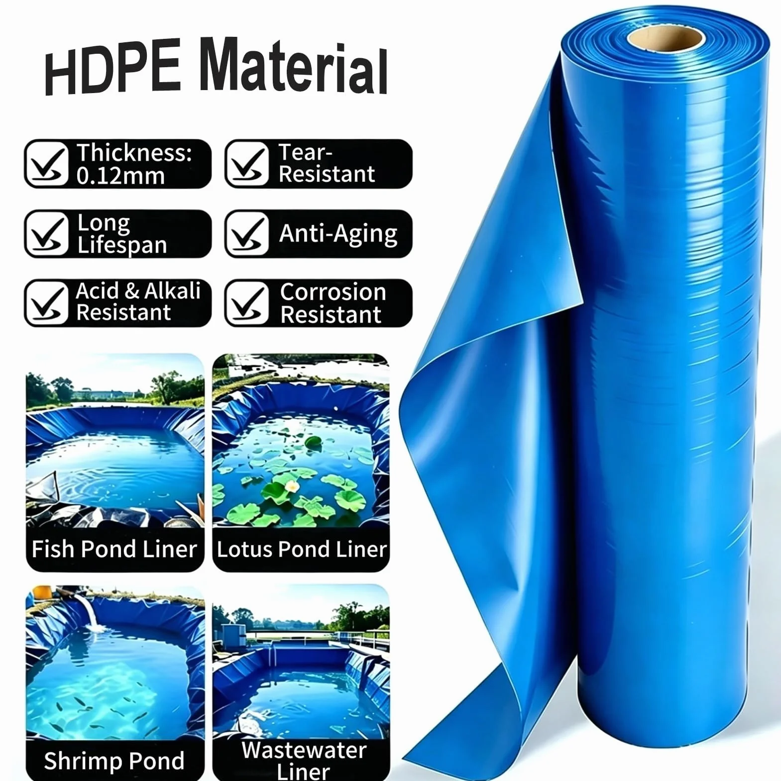 Grand Revêtement D'étang en PEHD Bleu 10x13 Pieds, Membrane Anti-Fuite pour Piscine et Jardins Aquatiques (6x8m)
