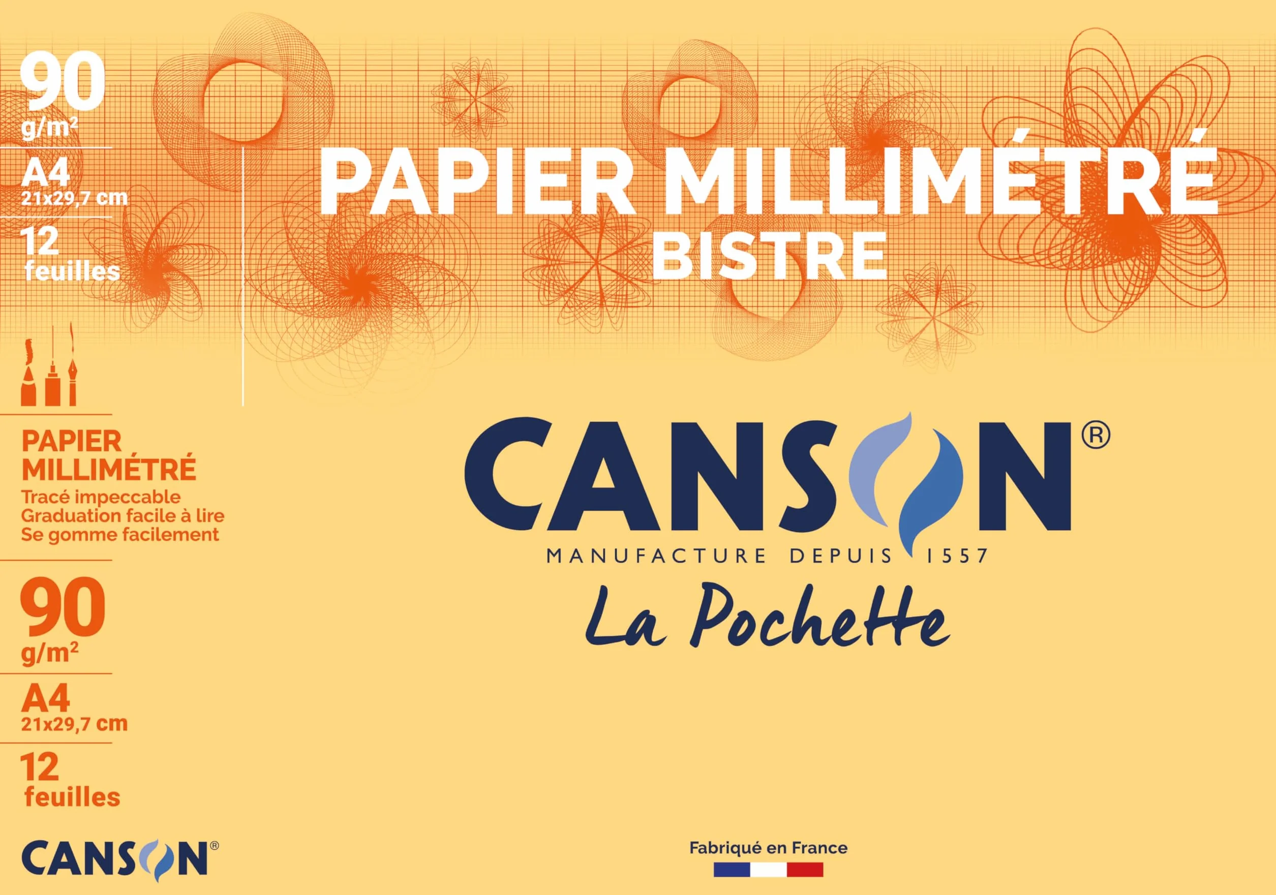 CANSON Papier millimétré A4 90 g Bistre Pochette 12 feuilles