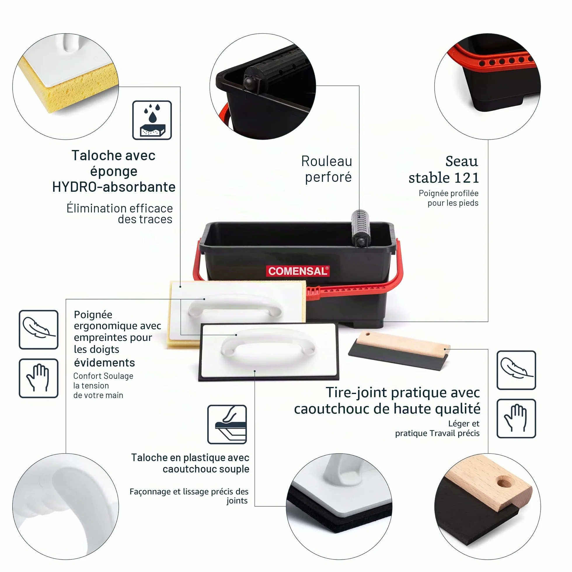 COMENSAL Kit Joint Carrelage - 7 pièces - M - 12L - Kit d'outils de Pose de Carrelage - Eponge HYDRO - Taloche en Caoutchouc - Rouleau Perforé - Made in EU