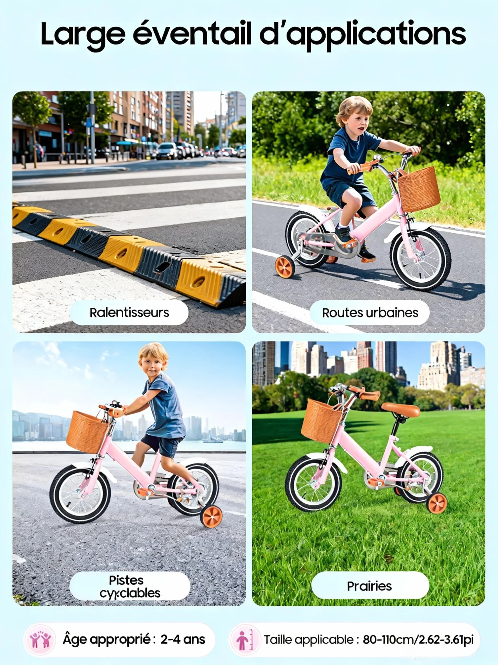 Vélo pour fille, 12" avec panier et stabilisateurs, vélo d'apprentissage avec équilibre et pédales pour 2-5 ans, rose