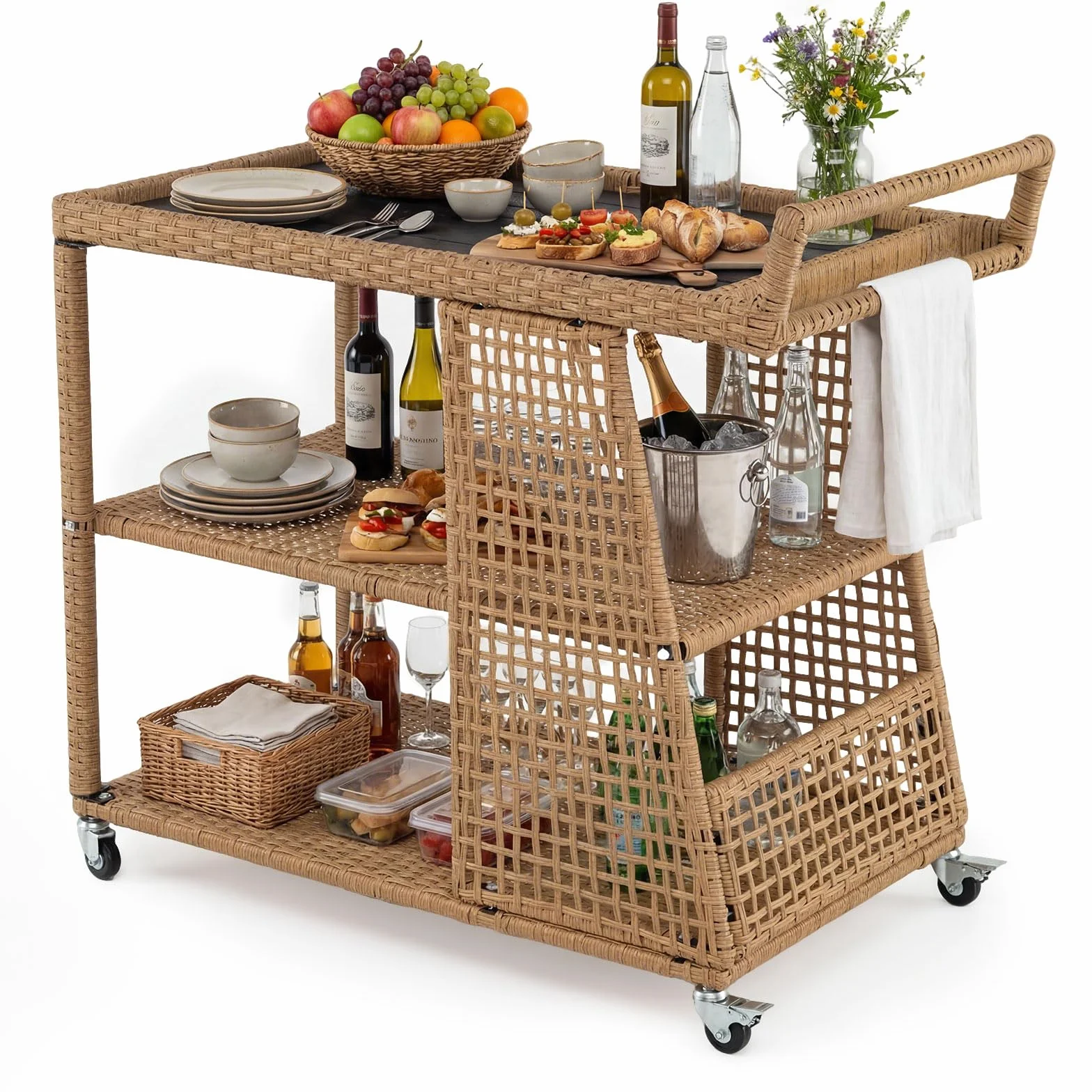 COSTWAY Desserte Exterieur en Rotin PE 3 Niveaux, Chariot de Bar Jardin à roulettes avec Plateau Large