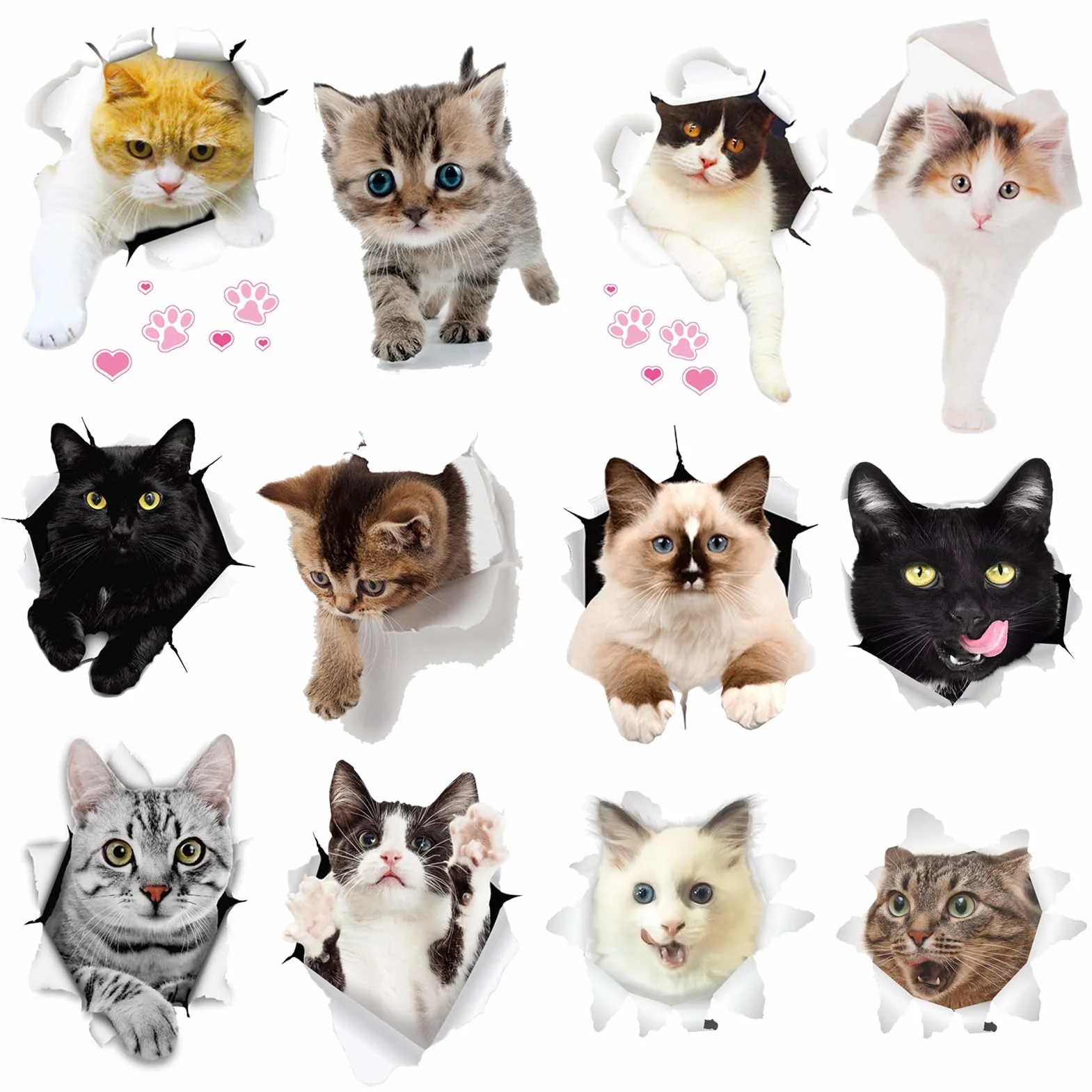 Autocollant Chat 3D Mignon Amovible 12 Pièces Décor Mural Salle de Bain