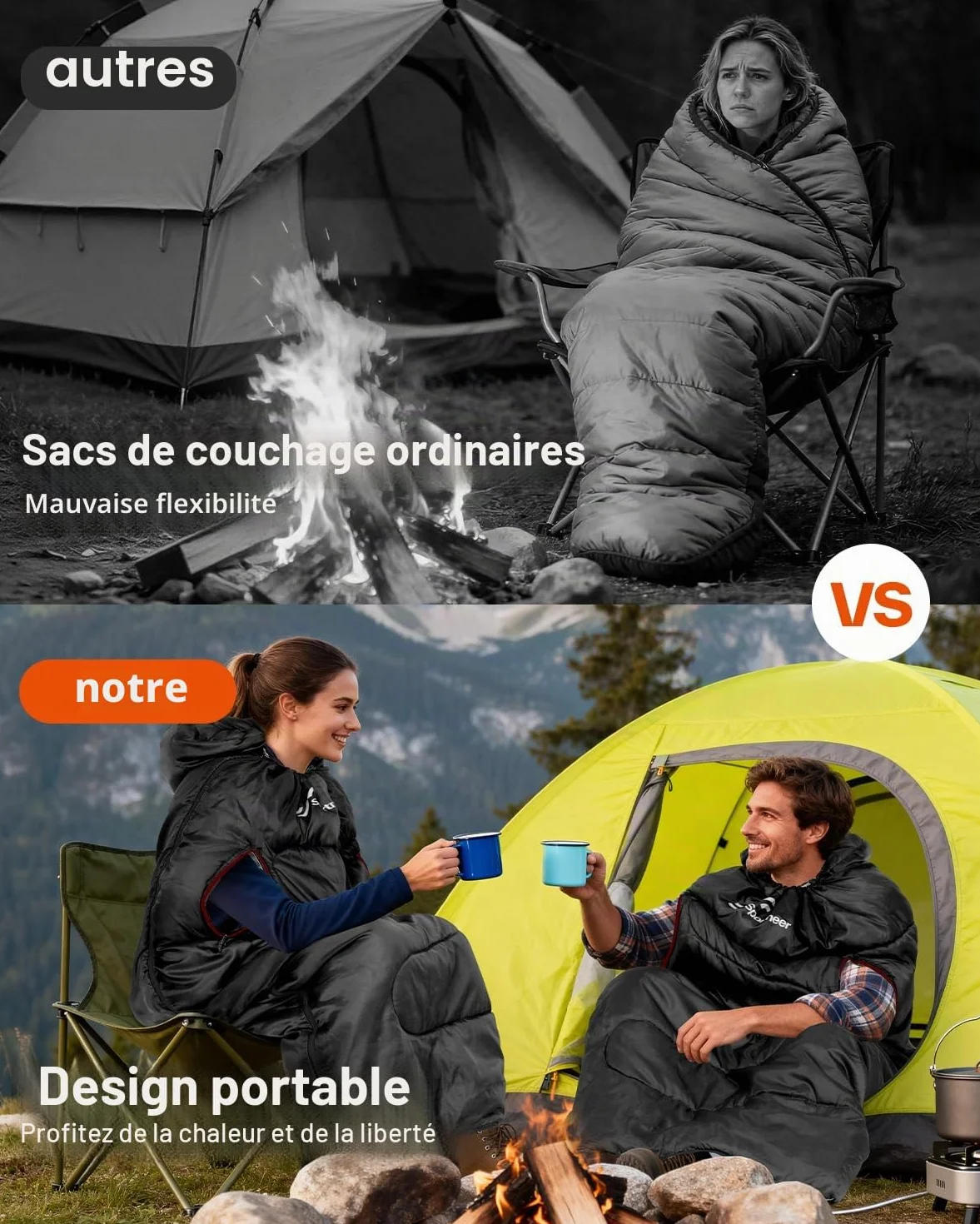Sac de Couchage 3-4 Saisons 220 x 84 cm Imperméable Léger 1,9 kg Camping Plein Air