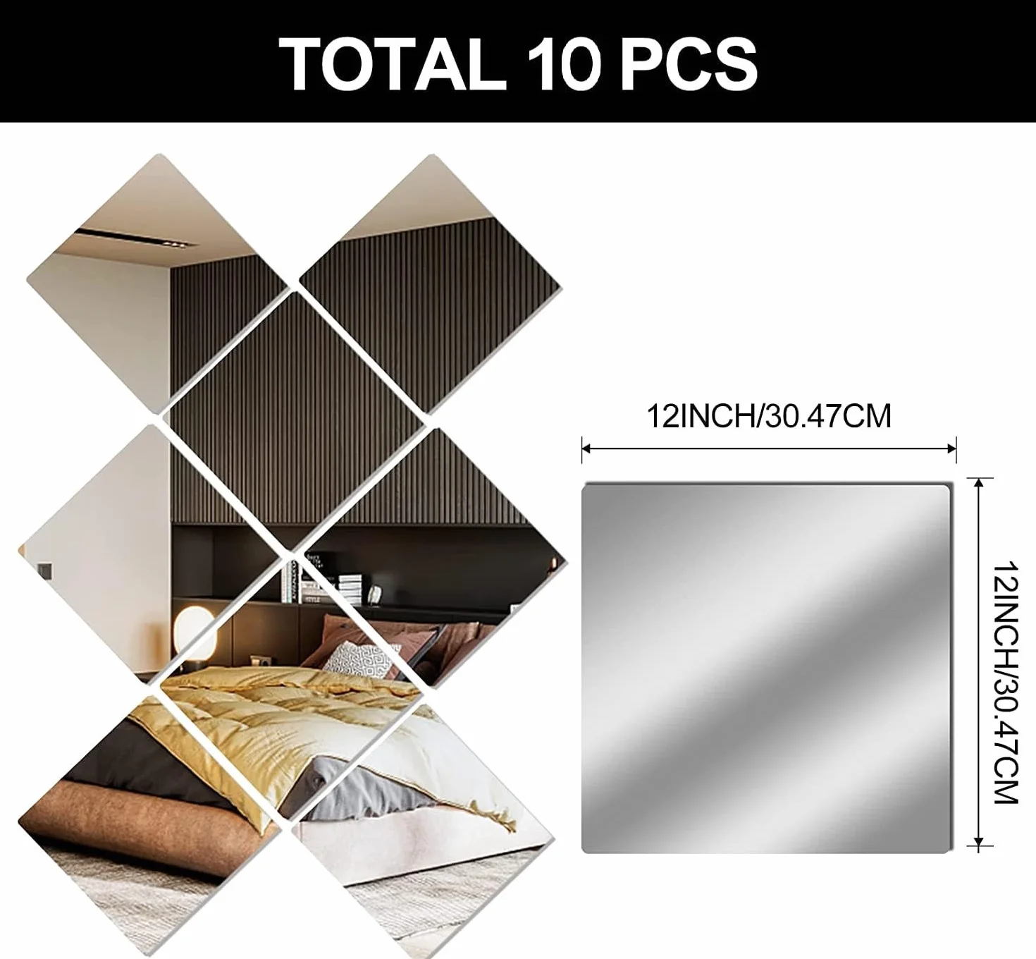 Lot de 10 feuilles de miroir flexibles 30 x 30 cm - Carreaux de miroir carrés autocollants sans verre réfléchissants de sécurité