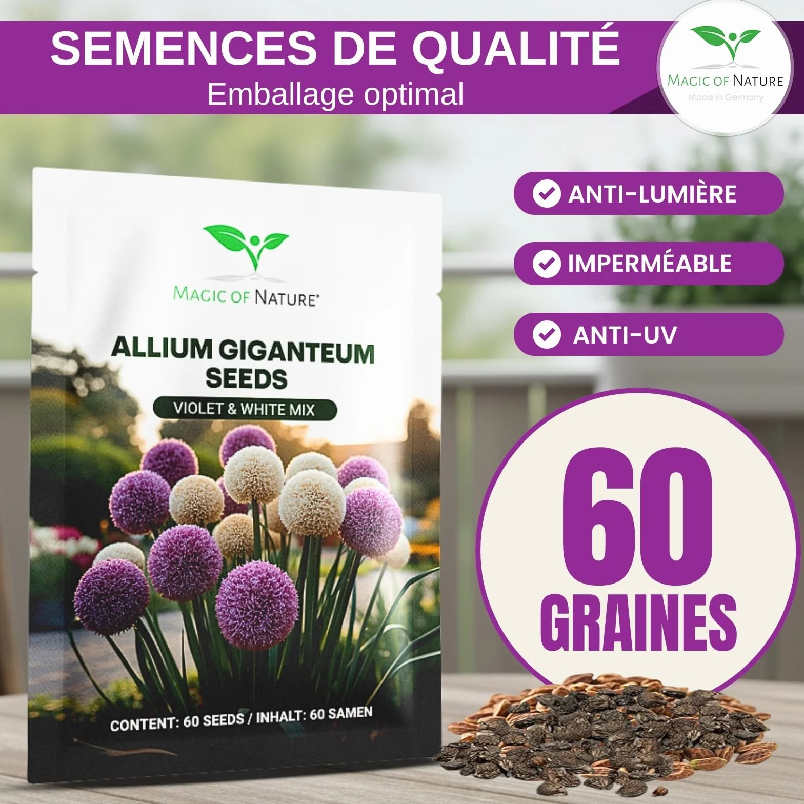 Graines d'Ail Géant Allium giganteum Mix Violet et Blanc 60 pces Semences Rustiques Mellifères