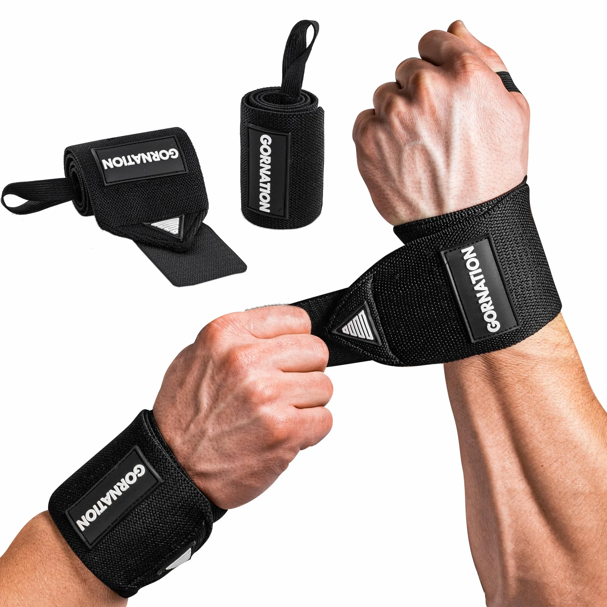 GORNATION Protège-Poignets, Bande Poignet Musculation, Power Wrist Wraps pour Musculation, Crossfitness, Gym, Street Workout et Sports de Force, Bandes de Poignet - 1 Paire, Noir