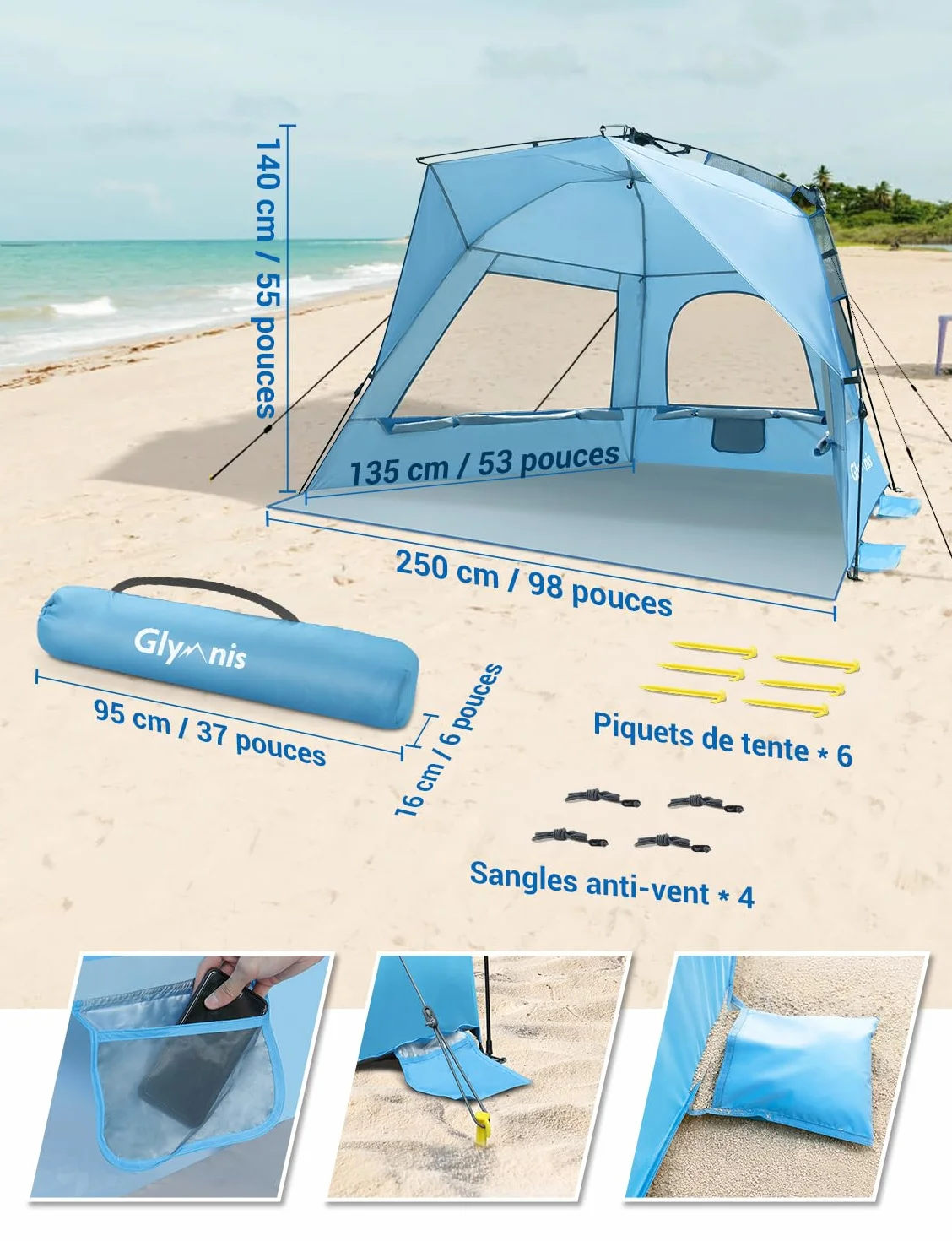 Glymnis Tente de Plage Quick Up Tente de Plage Automatique Protection UV 50+ Protection Contre Le Vent avec système Quick Up Petite Taille repliée pour 4 à 5 Personnes