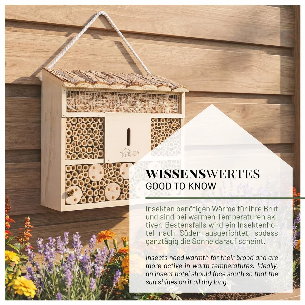 Hôtel à abeilles en bois massif non traité avec toit en écorce pour abeilles et insectes