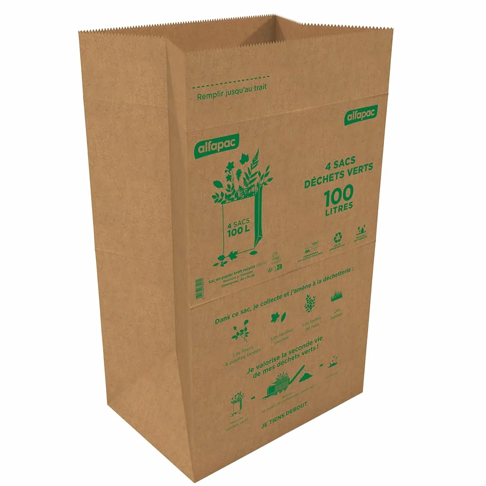 Sacs Déchets Verts en Papier Kraft Compostables Fond Plat 4 x 100L