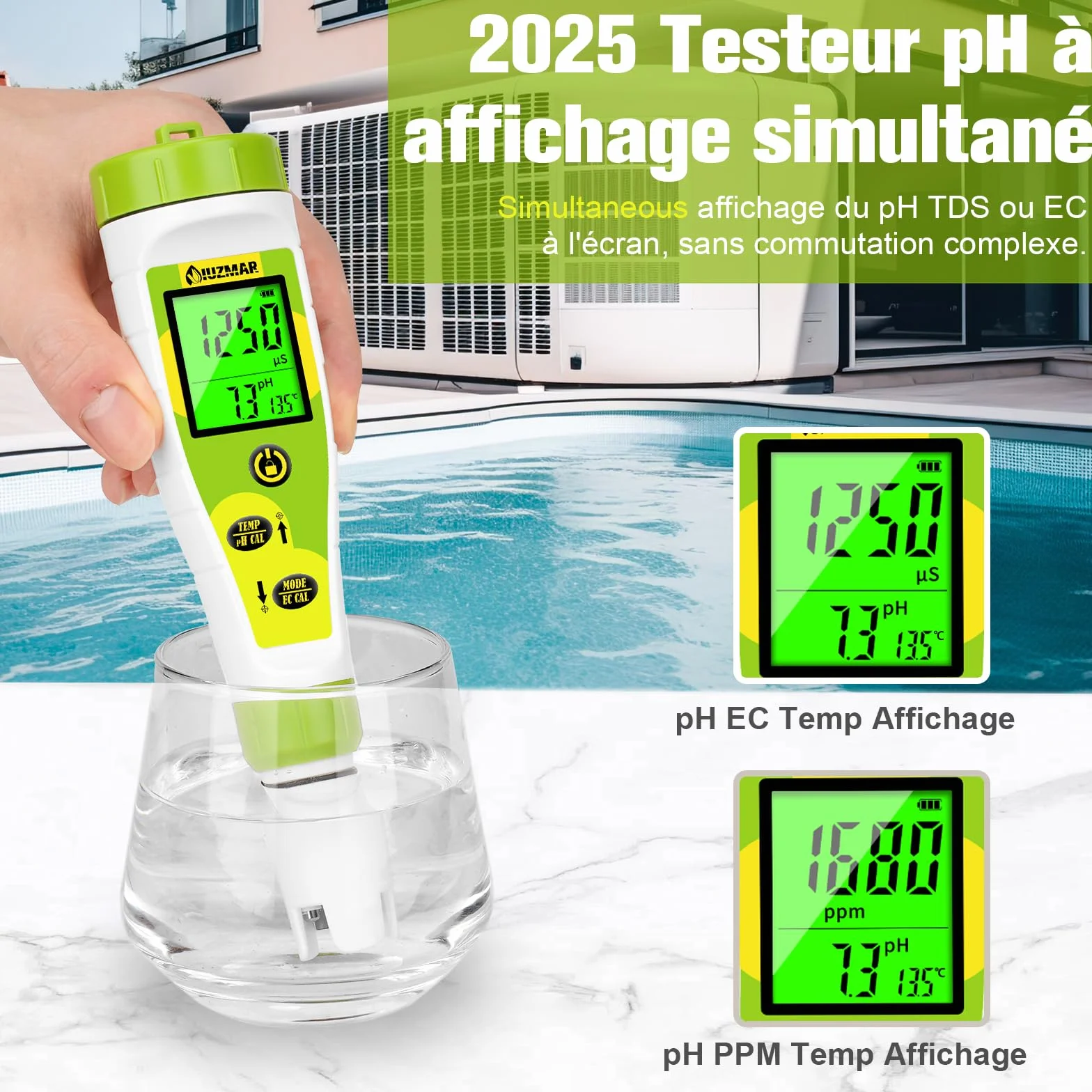 pH Mètre Piscine 4 en 1 PPM EC Temp Testeur pour Système d'Eau, Aquarium