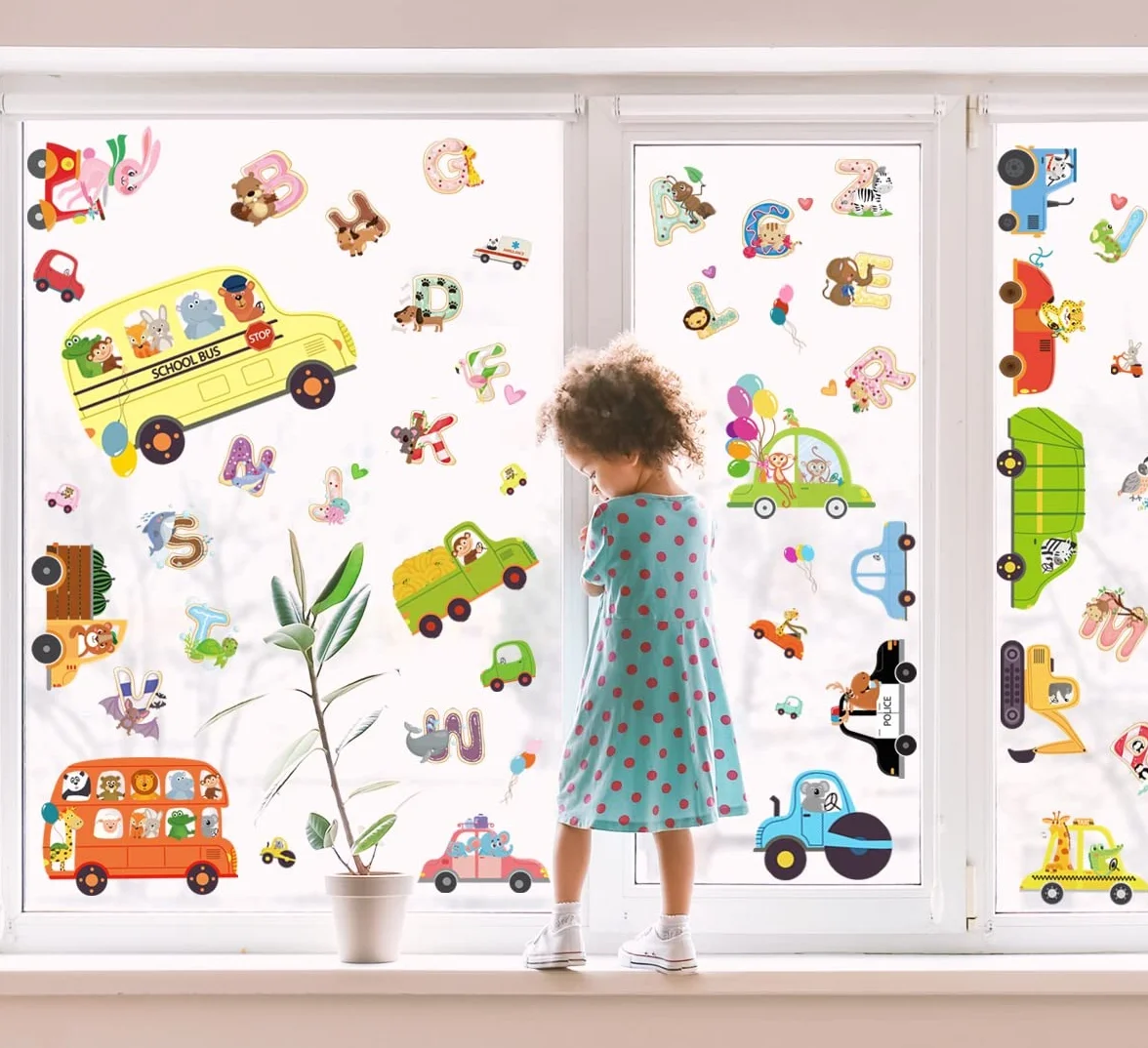 Stickers fenêtre enfant VOITURE + LETTRES réutilisable 62 pièces animaux jungle décoratifs vitres