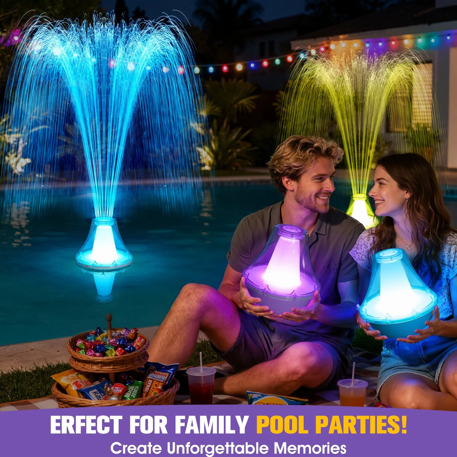 KingSom Fontaine Flottante Piscine Rechargeable avec Lumières Colorées, Télécommande, 3 Modes Pulvérisation & 10 Modes Lumière