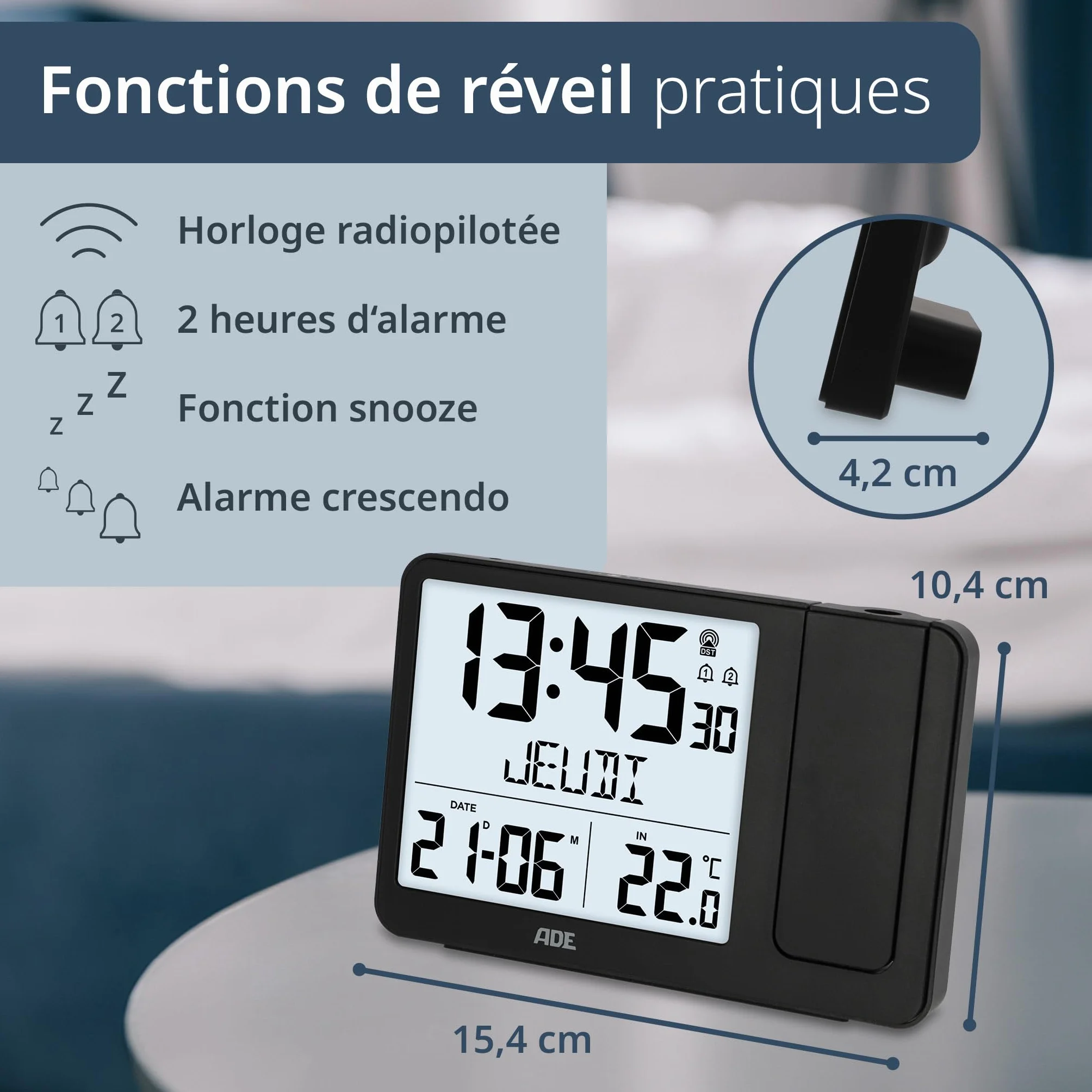 ADE Réveil Radio piloté Horloge numérique avec capteur extérieur Affichage température Date Jour Semaine Noir