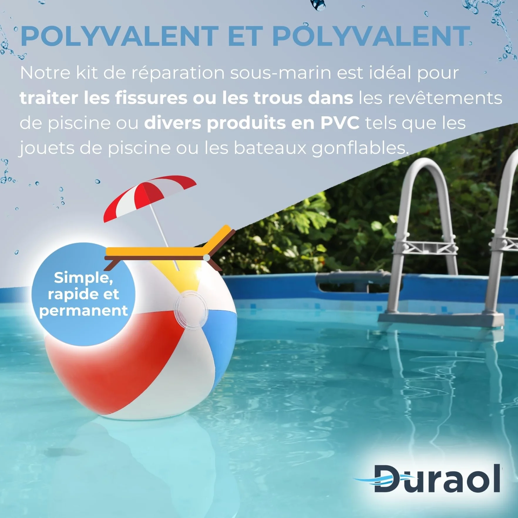 Kit de Réparation Piscine sous l'eau, Colle & 2 Rustines 20 x 9,5 cm, Réparation Gonflables PVC & Liners