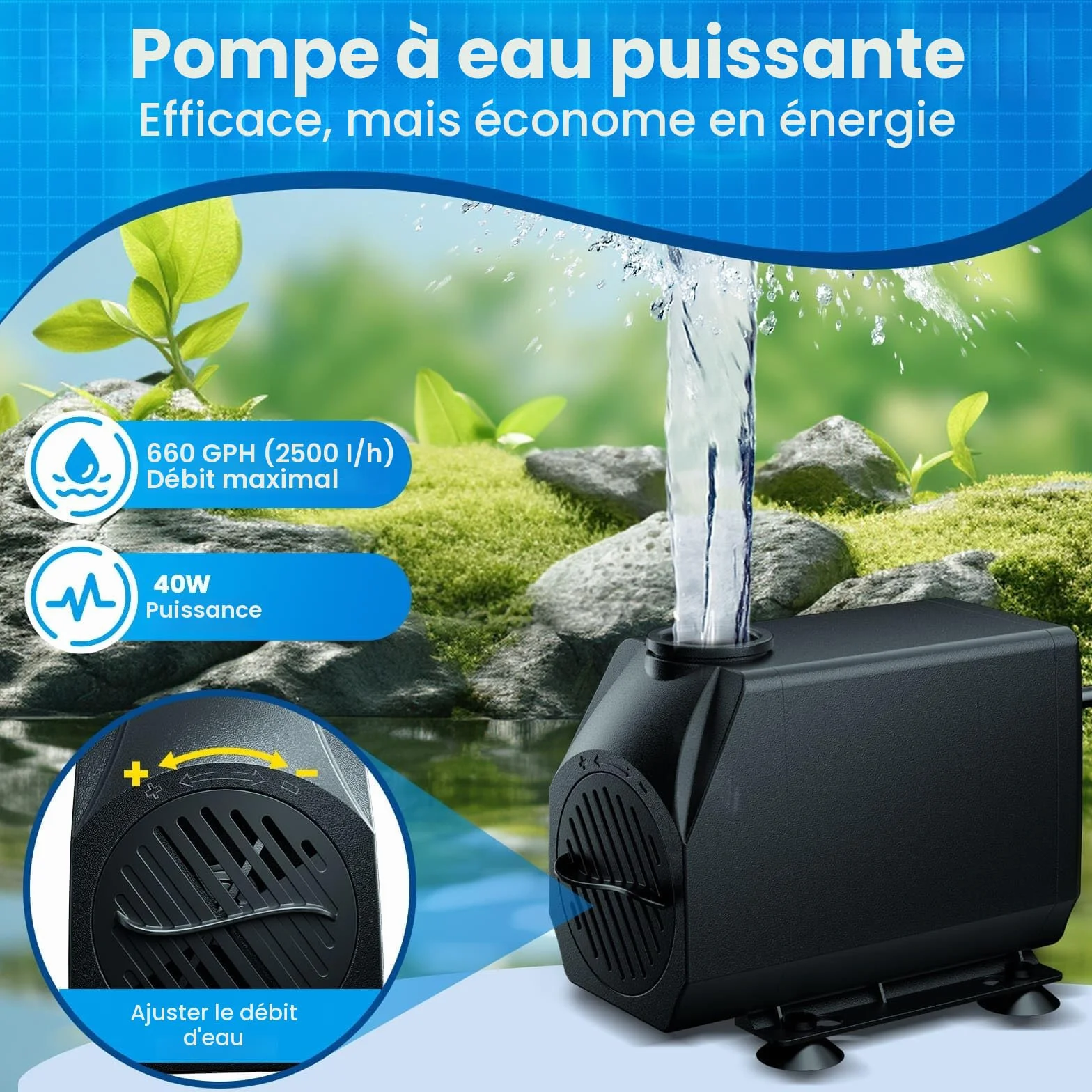 Pompe de bassin Biling Kit cascade 30 cm acier inoxydable 40 W 2500 l/h