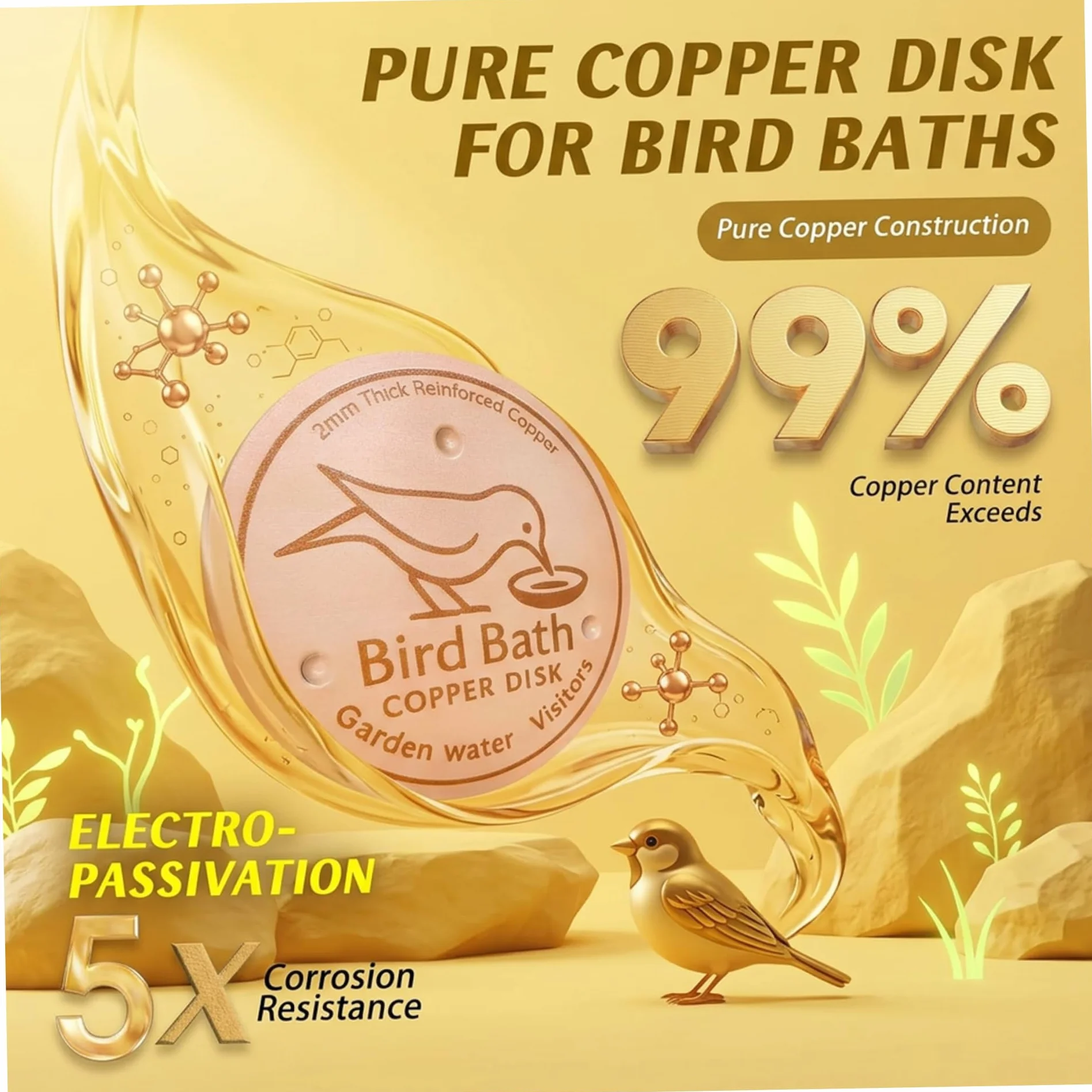 Disque en cuivre 10 cm pour Bain d'oiseaux, Purification, Conception Stable à 3 Points, cuivre renforcé 99,9%