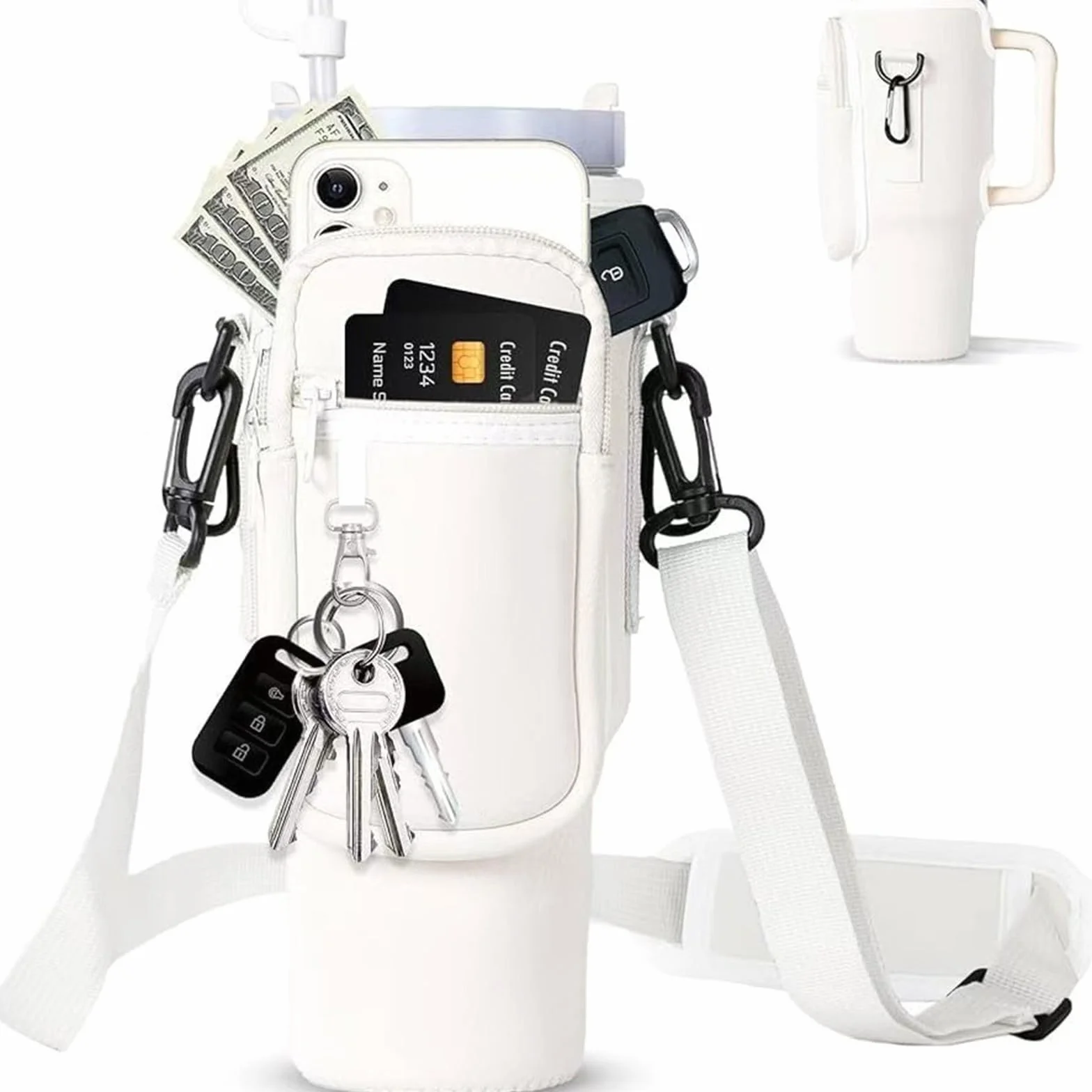 Sac Bouteille d'eau pour Tasse Stanley Cup 40oz, Porte Gourde Sac à Dos avec Sangle Ajustable et Poche pour Téléphone, Stanley Cup Bag pour Marche Camping Course Cyclisme, Blanc