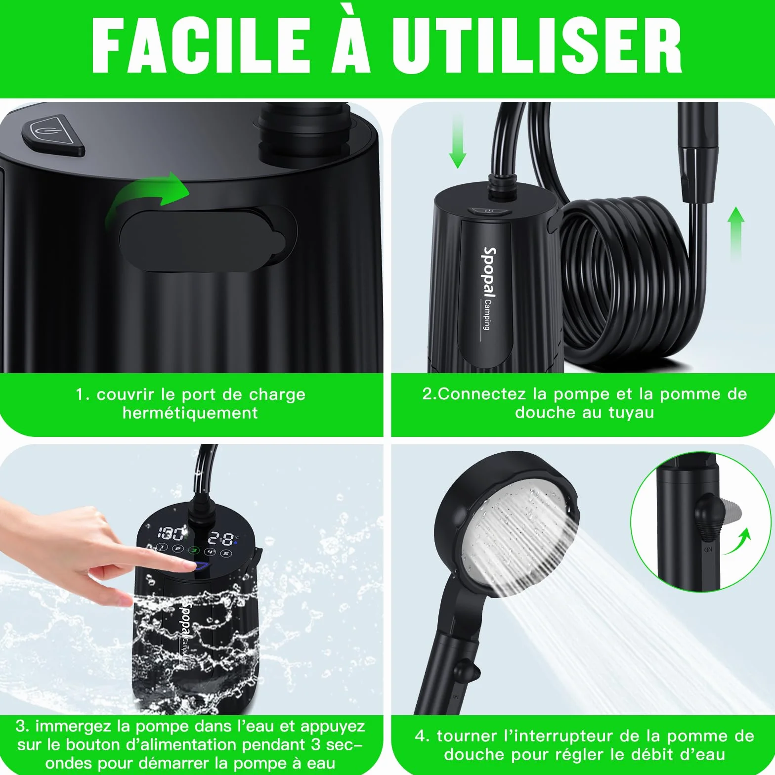 Spopal Camping Douche Portable, [Imperméable] Kit Douche de Camping,Rechargeable,10000mAh, avec Seau Pliable 20L,Afficheur Intelligent et Pomme de Douche 4 Modes pour Extérieure,Camping