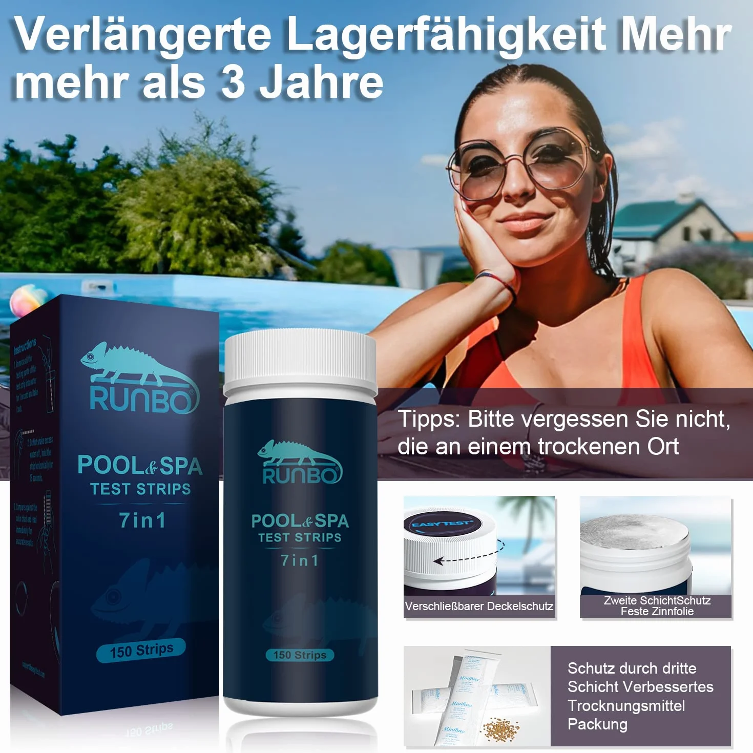 RUNBO 7 en 1 Testeur Eau Piscine Spa, 150 Tests Chlore Libre, Brome, pH, Alcalinité
