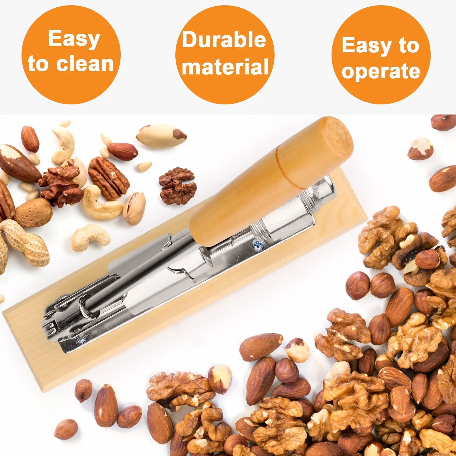 Casse Noix en Acier Inoxydable avec Poignée en Bois - Ouvre-Noix Outil pour Noix, Châtaignes, Amandes