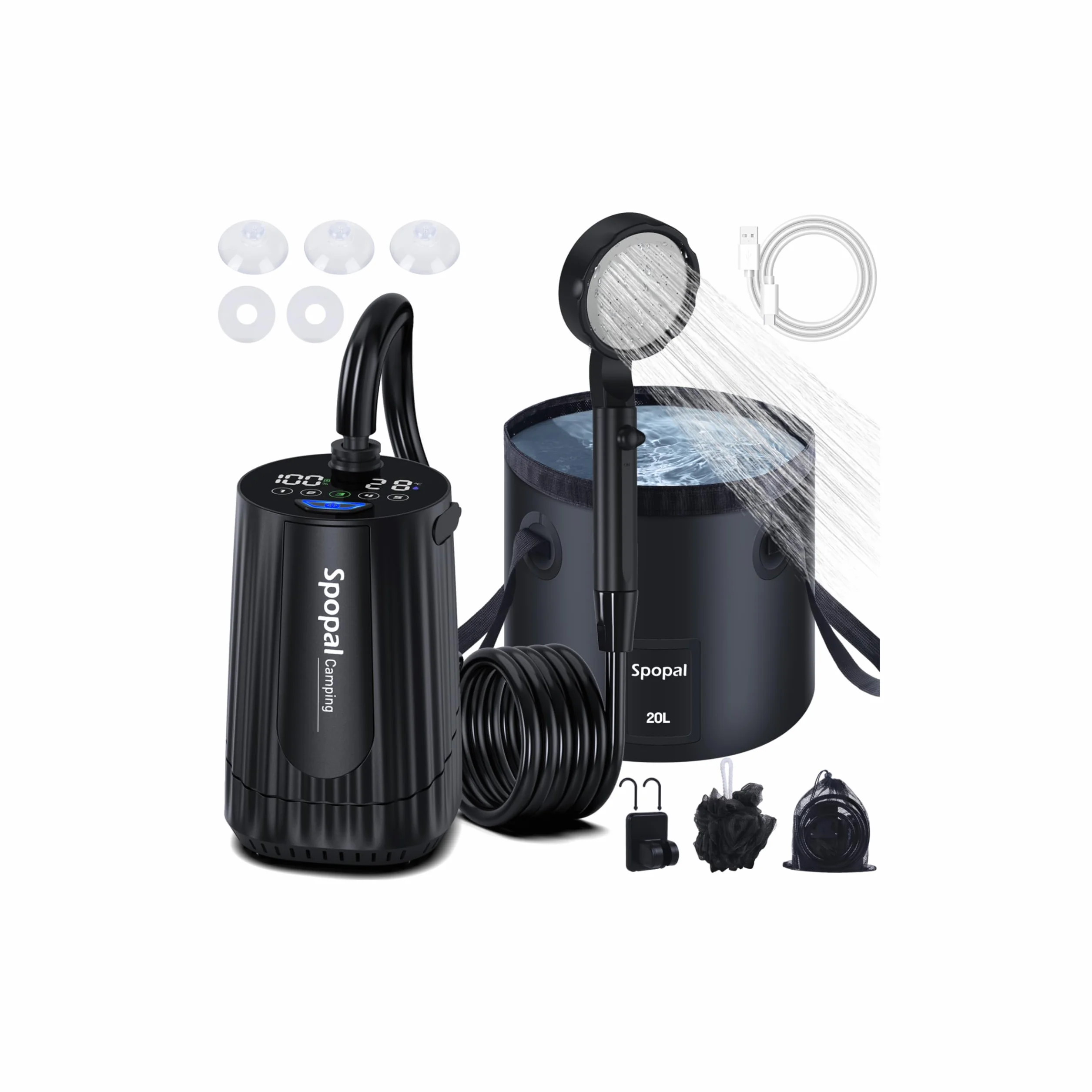 Spopal Camping Douche Portable, [Imperméable] Kit Douche de Camping,Rechargeable,10000mAh, avec Seau Pliable 20L,Afficheur Intelligent et Pomme de Douche 4 Modes pour Extérieure,Camping
