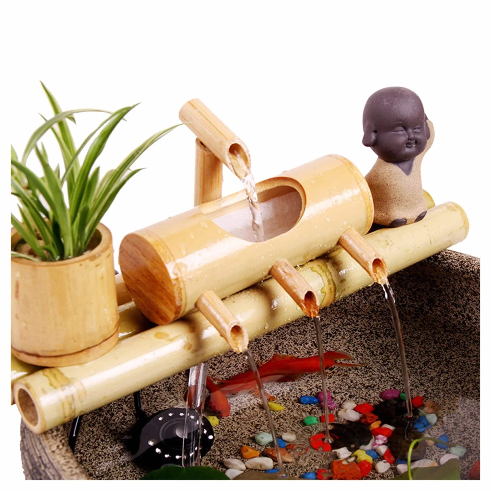 Fontaine d'eau Bambou Zen avec Pompe 7,8 Pouces Base Ronde, Intérieur Extérieur