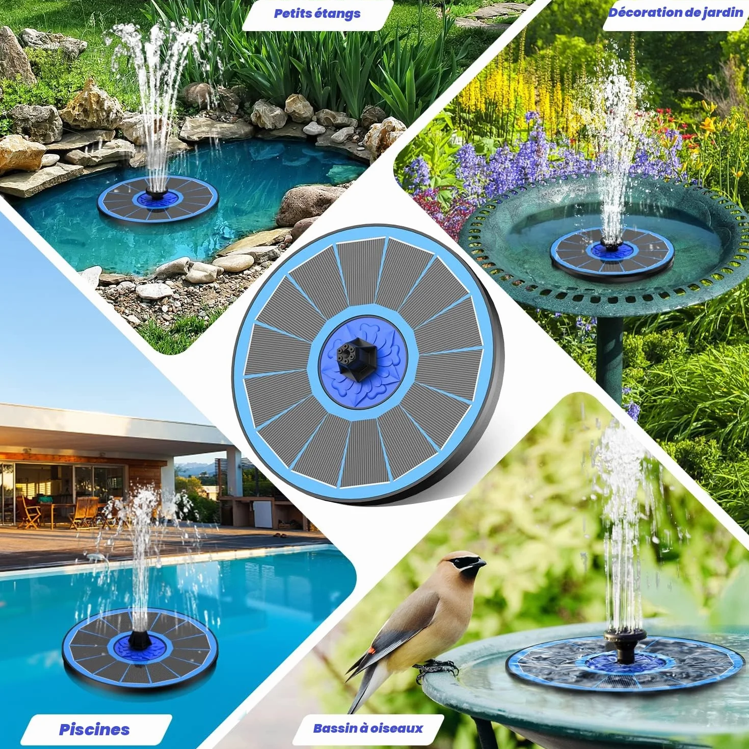 Fontaine Solaire Exterieure 3.5W Pompe Bassin avec 8 Buses 4 Tiges Fixes pour Bain d'oiseaux Étang Jardin