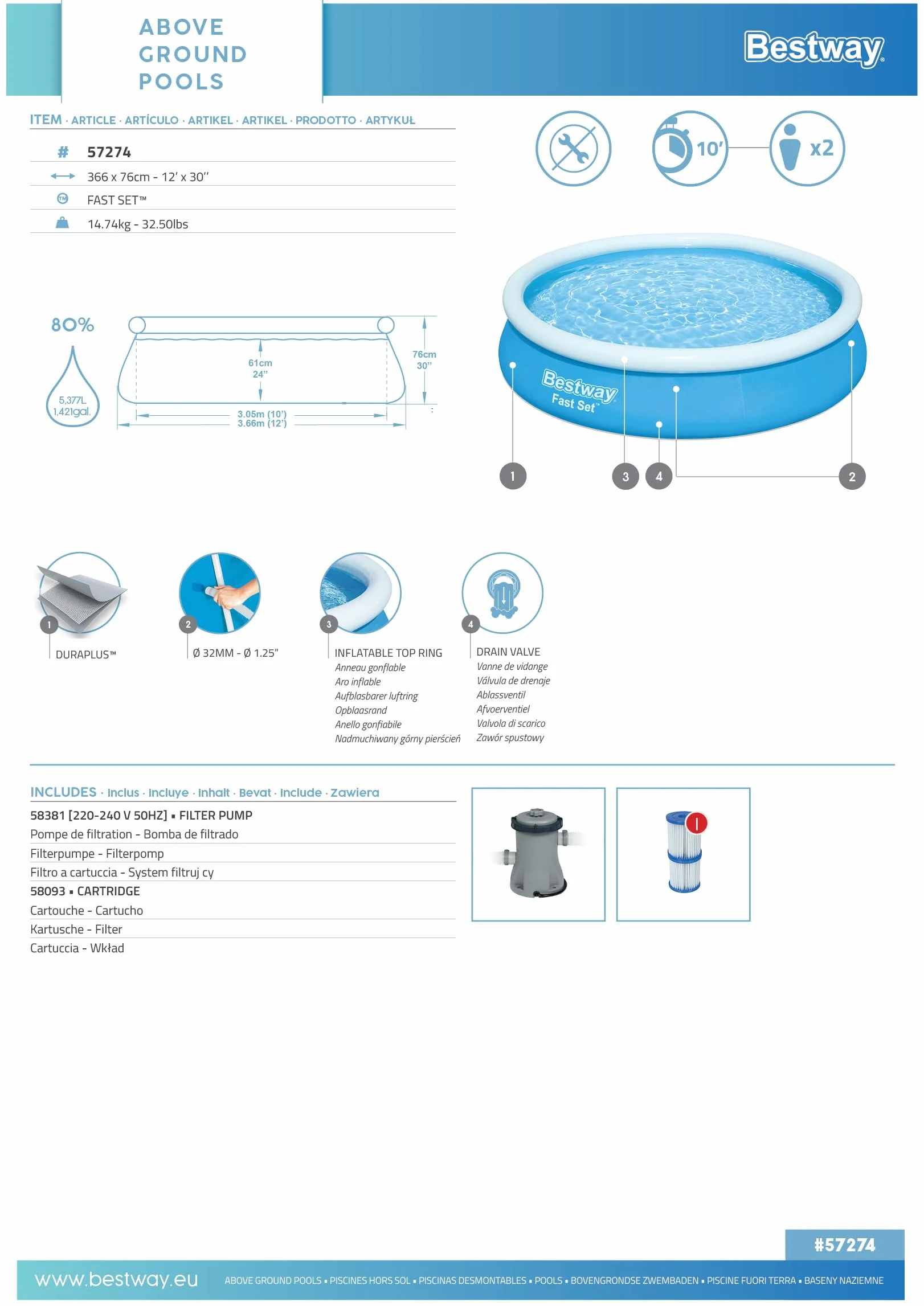 BESTWAY Piscine autoportante Ronde Fast Set 366 x 76 cm Filtration