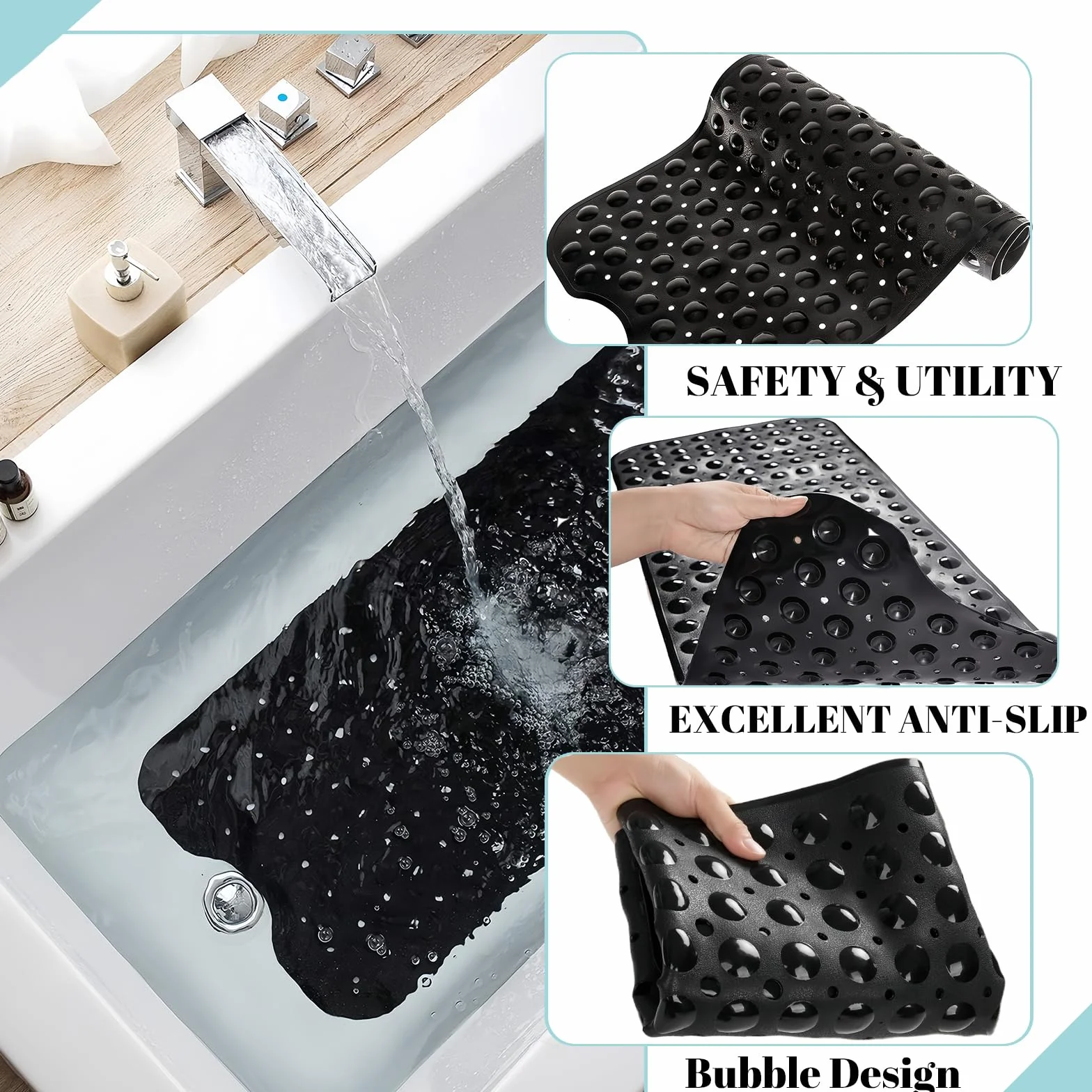 Tapis de Douche Antimoisissure 100x40cm Gris Antidérapant avec Ventouses
